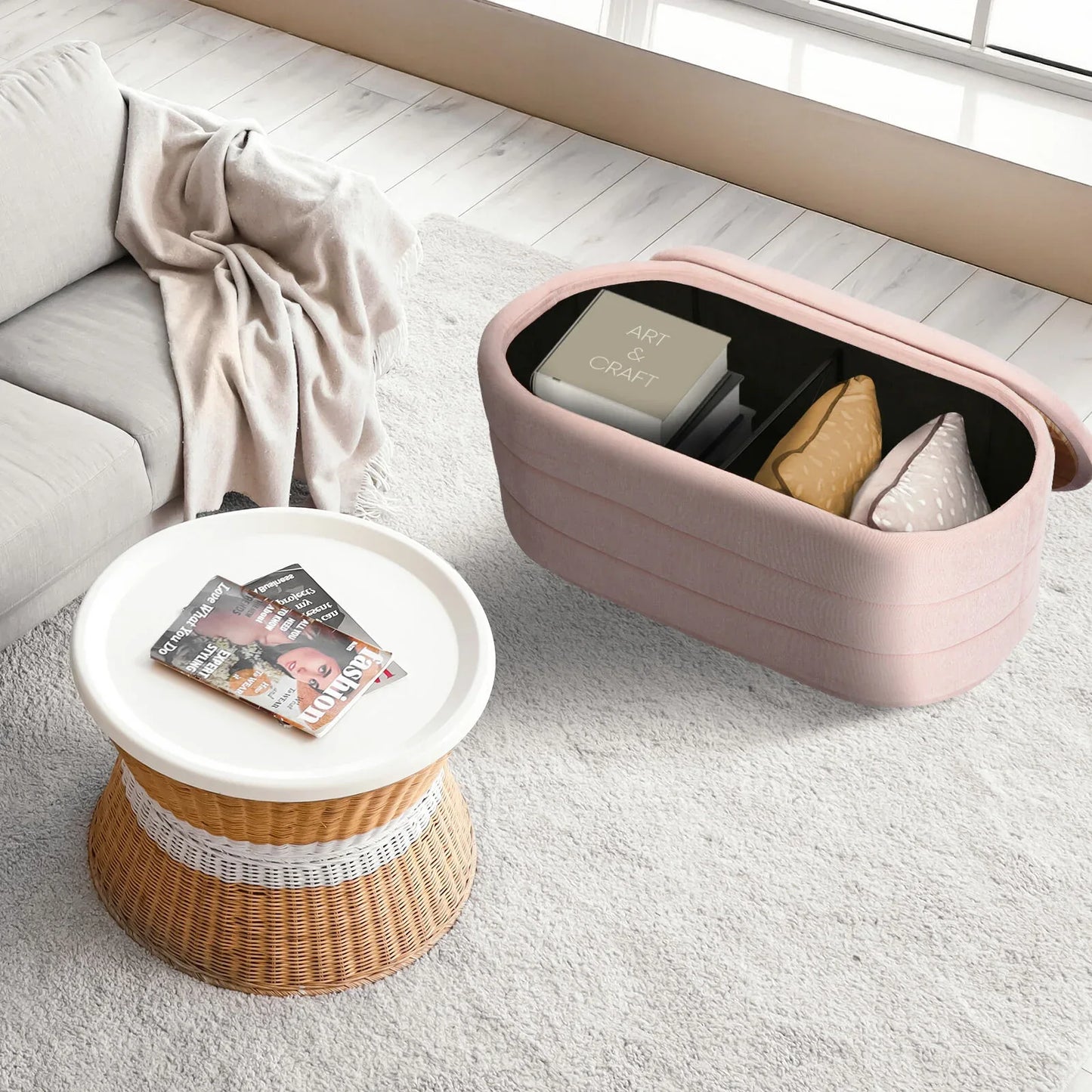 Coffee Table Storage Ottoman - Chenille Fabic Padded Blanket Box Bench CELIA - PINK - Mekamart Australia