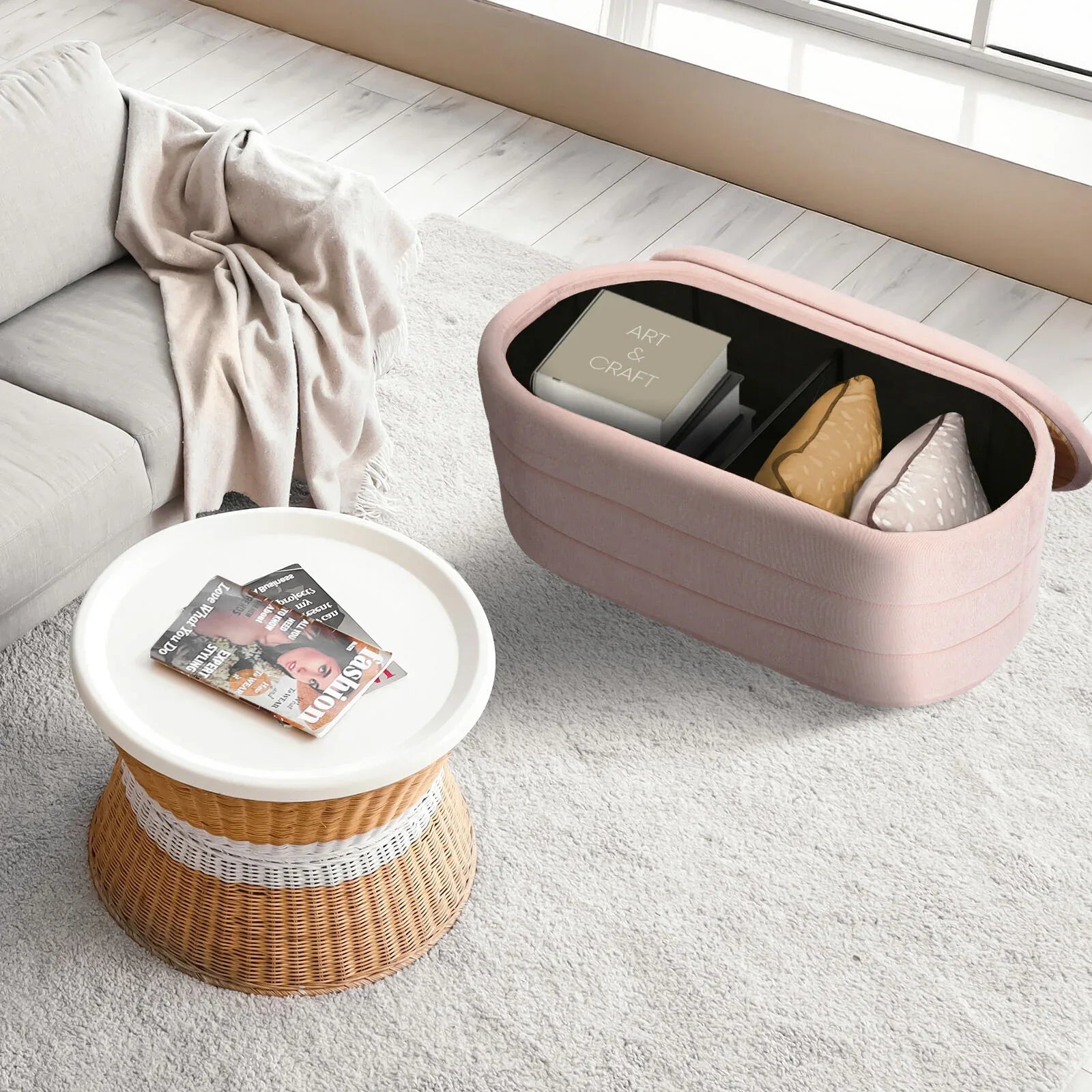 Coffee Table Storage Ottoman - Chenille Fabic Padded Blanket Box Bench CELIA - PINK - Mekamart Australia