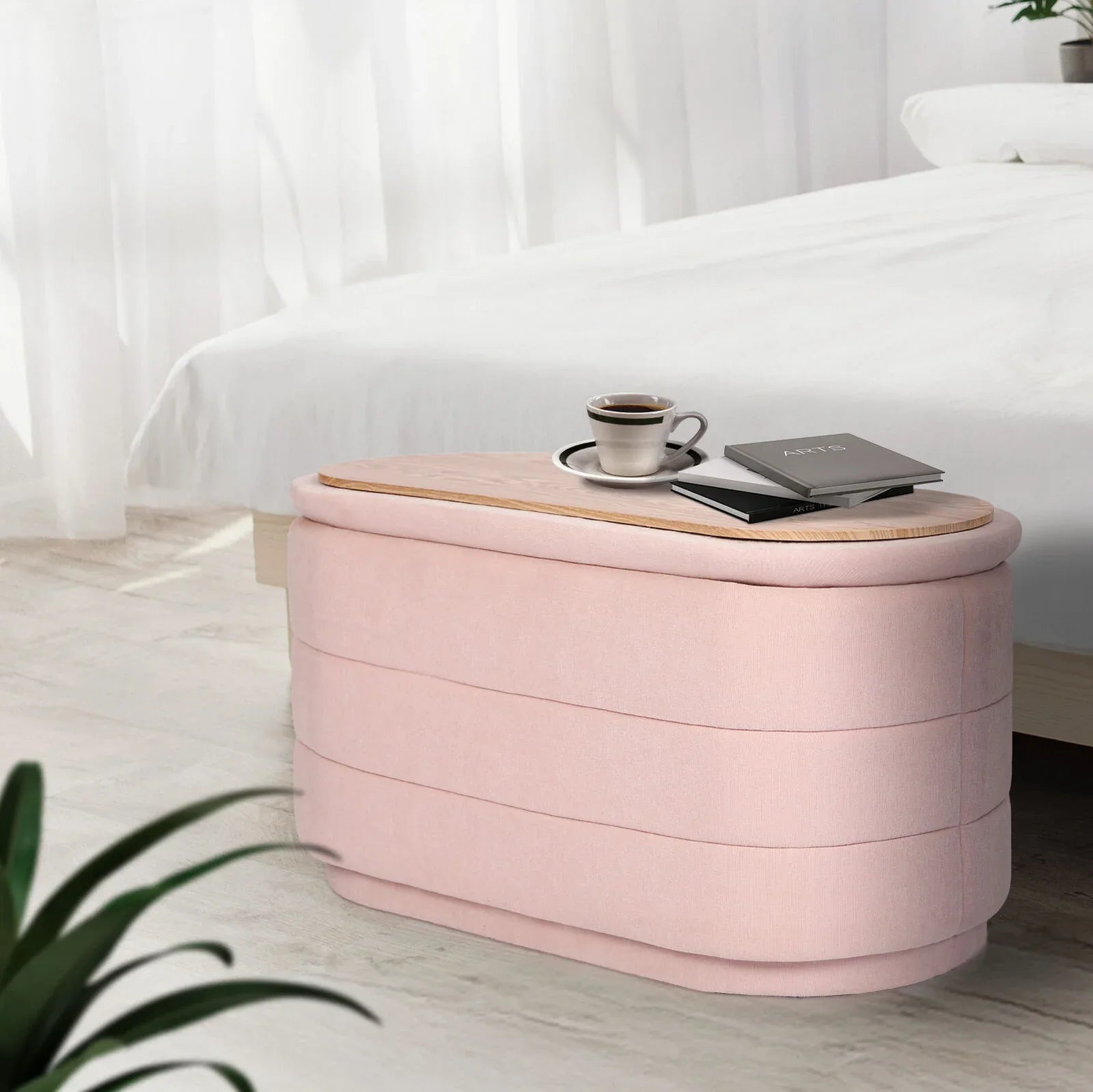Coffee Table Storage Ottoman - Chenille Fabic Padded Blanket Box Bench CELIA - PINK - Mekamart Australia