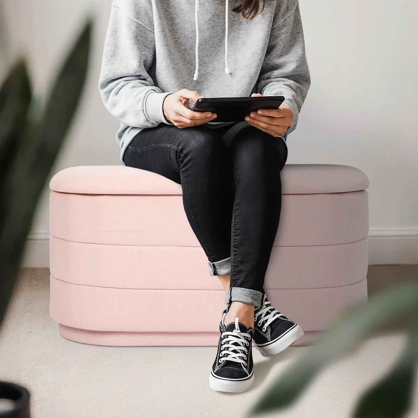 Coffee Table Storage Ottoman - Chenille Fabic Padded Blanket Box Bench CELIA - PINK - Mekamart Australia