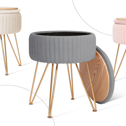 Side Table Storage Ottoman - Velvet Padded Stool Vanity Footstool REMY GREY