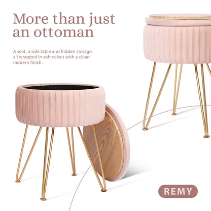 Side Table Storage Ottoman - Velvet Padded Stool Vanity Footstool REMY PINK - Mekamart Australia