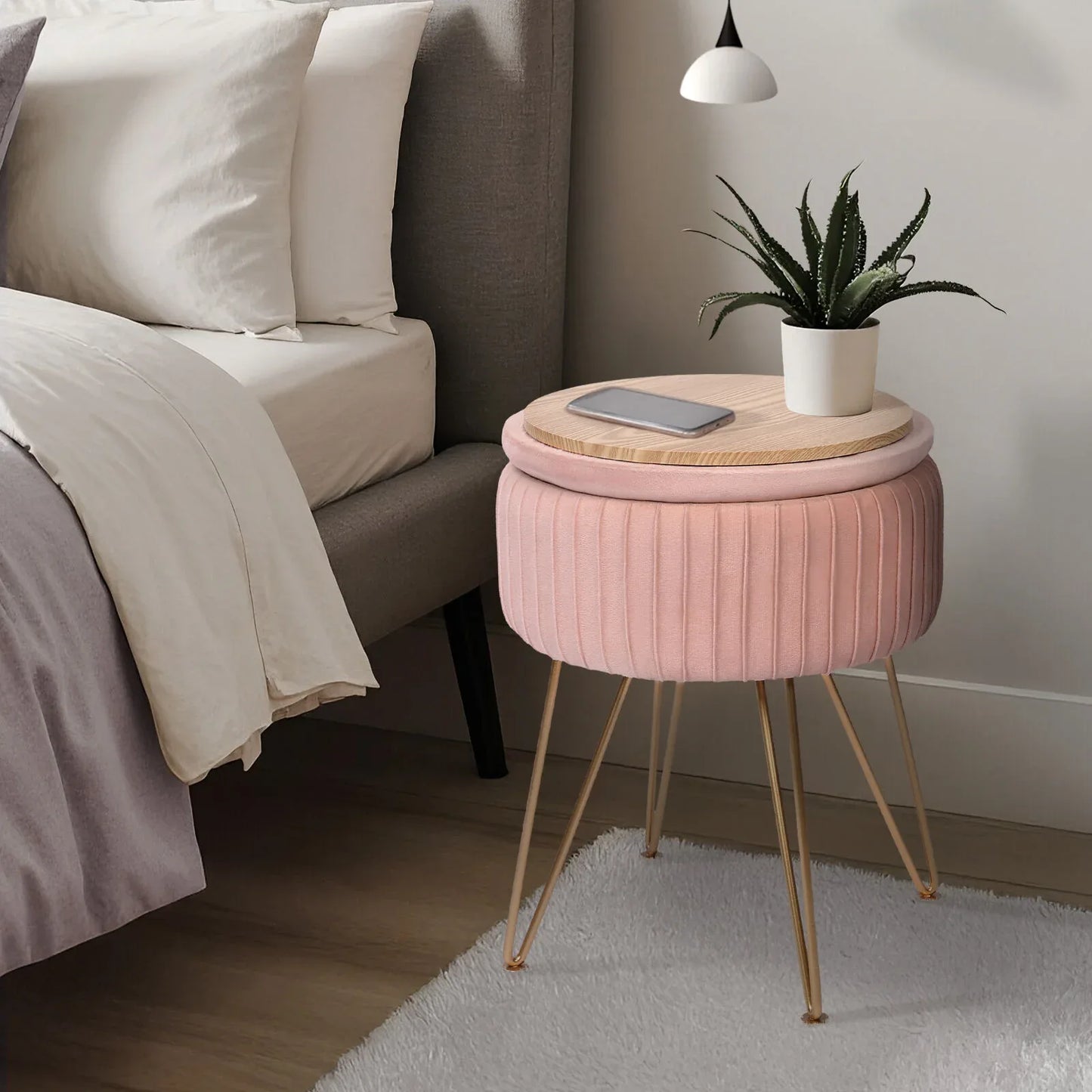 Side Table Storage Ottoman - Velvet Padded Stool Vanity Footstool REMY PINK - Mekamart Australia
