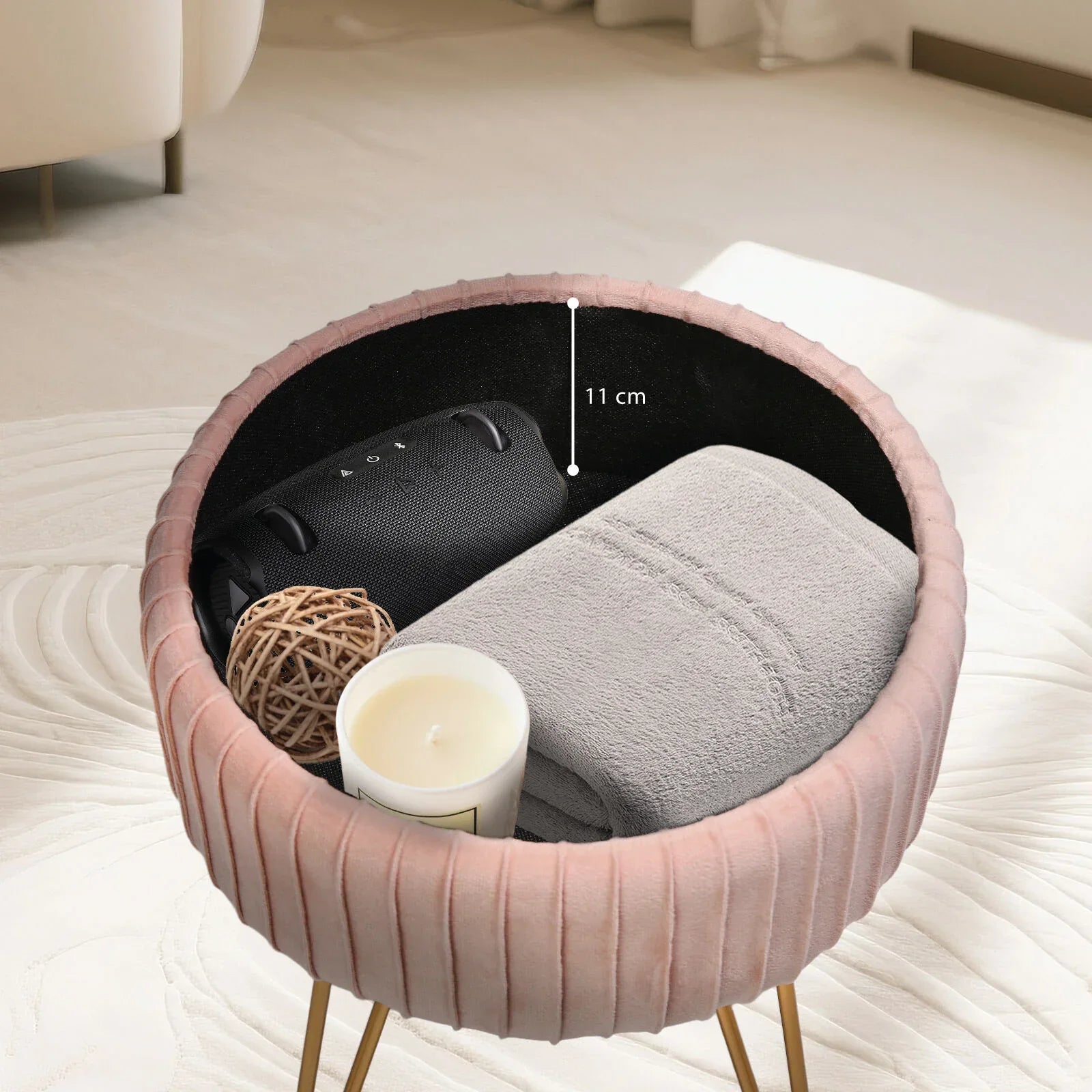 Side Table Storage Ottoman - Velvet Padded Stool Vanity Footstool REMY PINK - Mekamart Australia