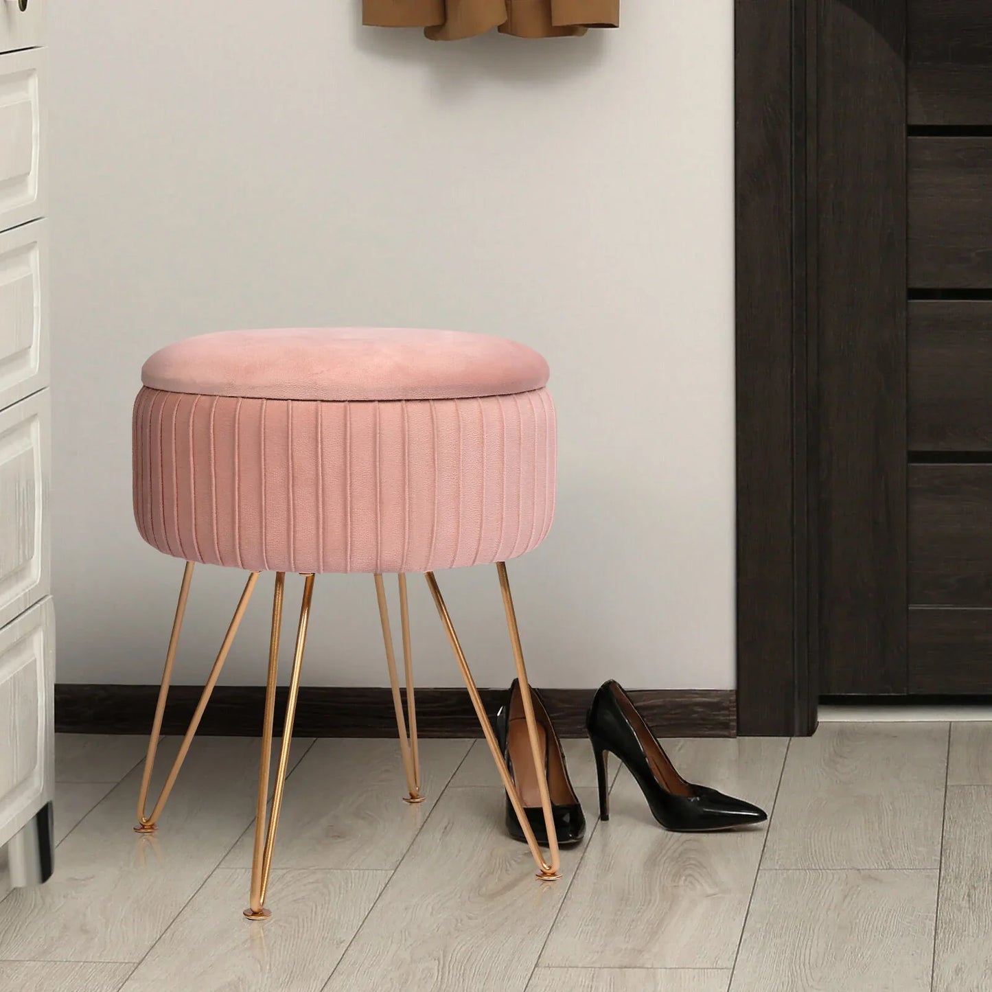 Side Table Storage Ottoman - Velvet Padded Stool Vanity Footstool REMY PINK - Mekamart Australia