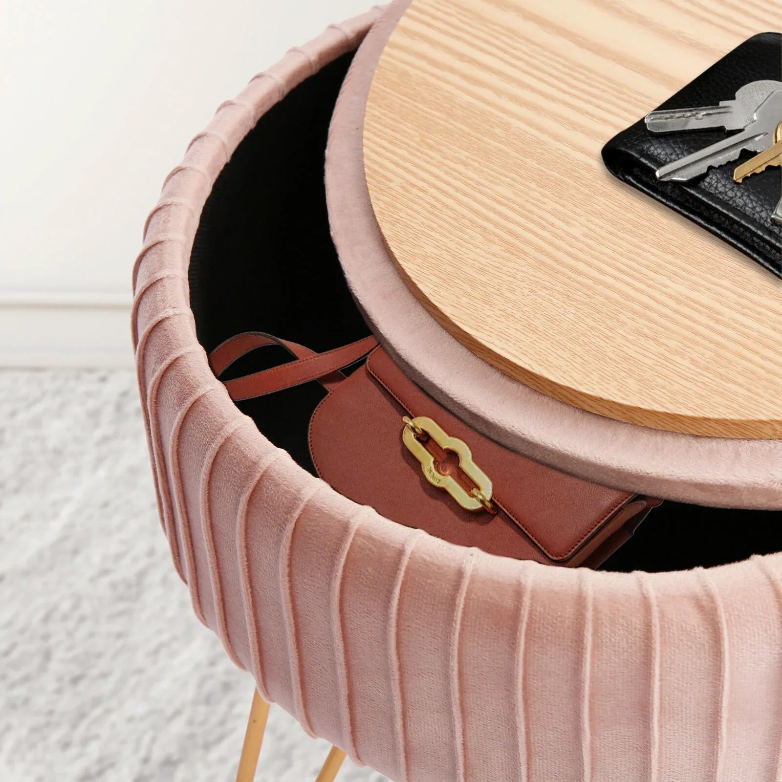 Side Table Storage Ottoman - Velvet Padded Stool Vanity Footstool REMY PINK - Mekamart Australia