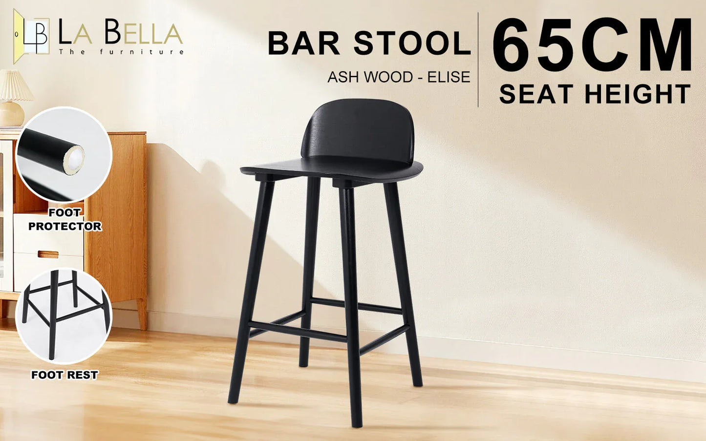 Wooden Bar Stool Dining Chair Ash Wood ELISE 65cm BLACK - Mekamart Australia