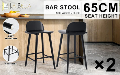 2X Wooden Bar Stool Dining Chair Ash Wood ELISE 65cm BLACK - Mekamart Australia