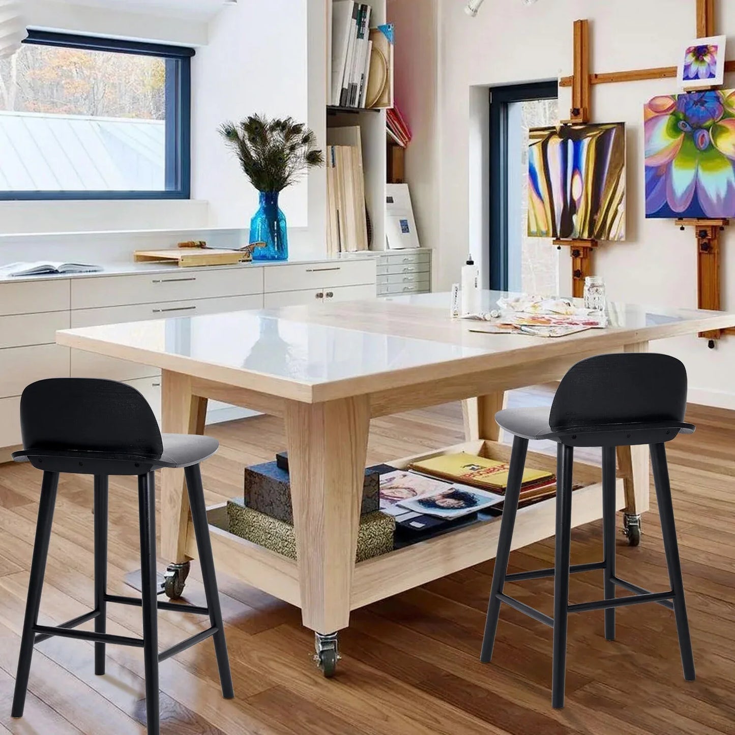 2X Wooden Bar Stool Dining Chair Ash Wood ELISE 65cm BLACK - Mekamart Australia