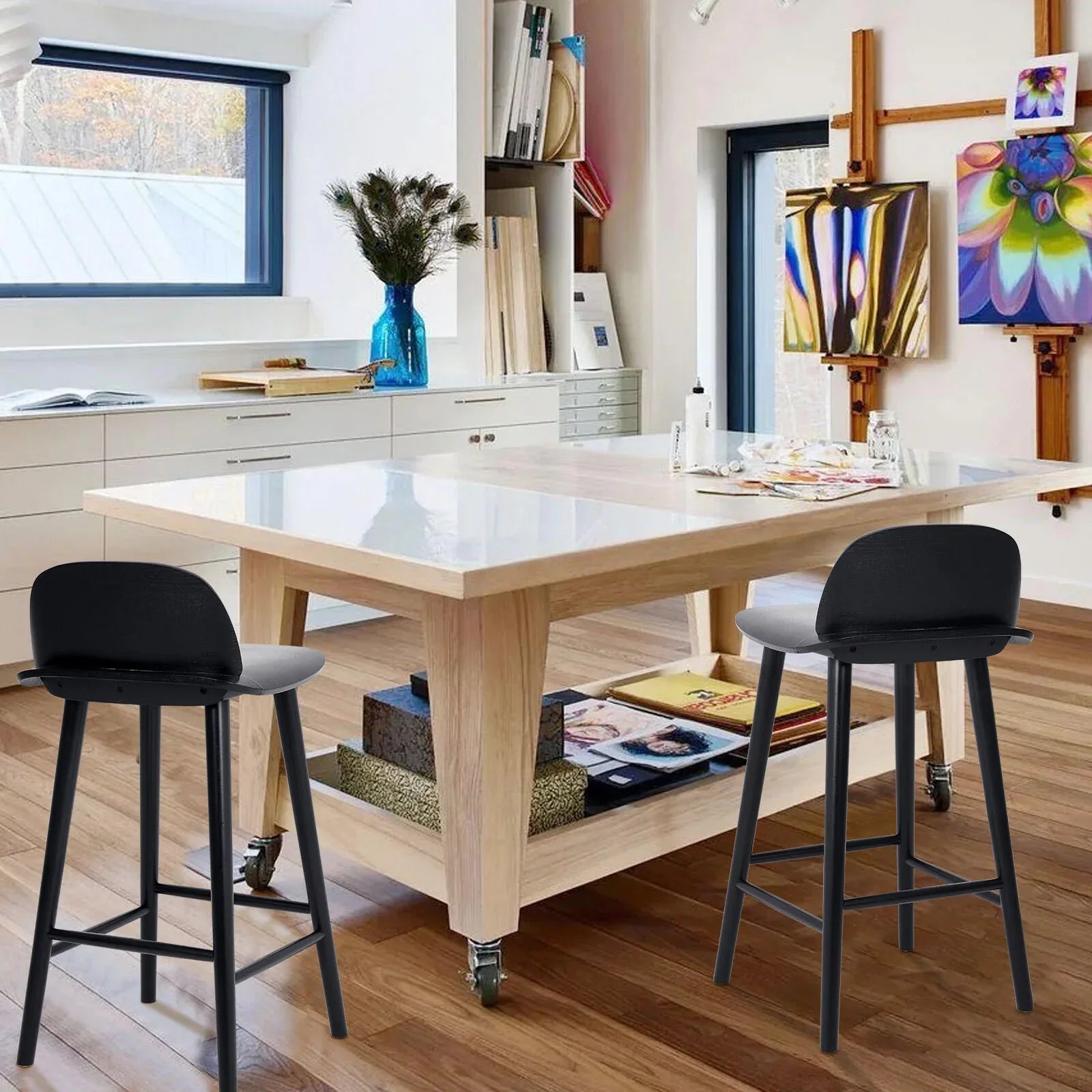 2X Wooden Bar Stool Dining Chair Ash Wood ELISE 65cm BLACK - Mekamart Australia