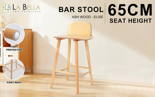 Wooden Bar Stool Dining Chair Ash Wood ELISE 65cm - Mekamart Australia
