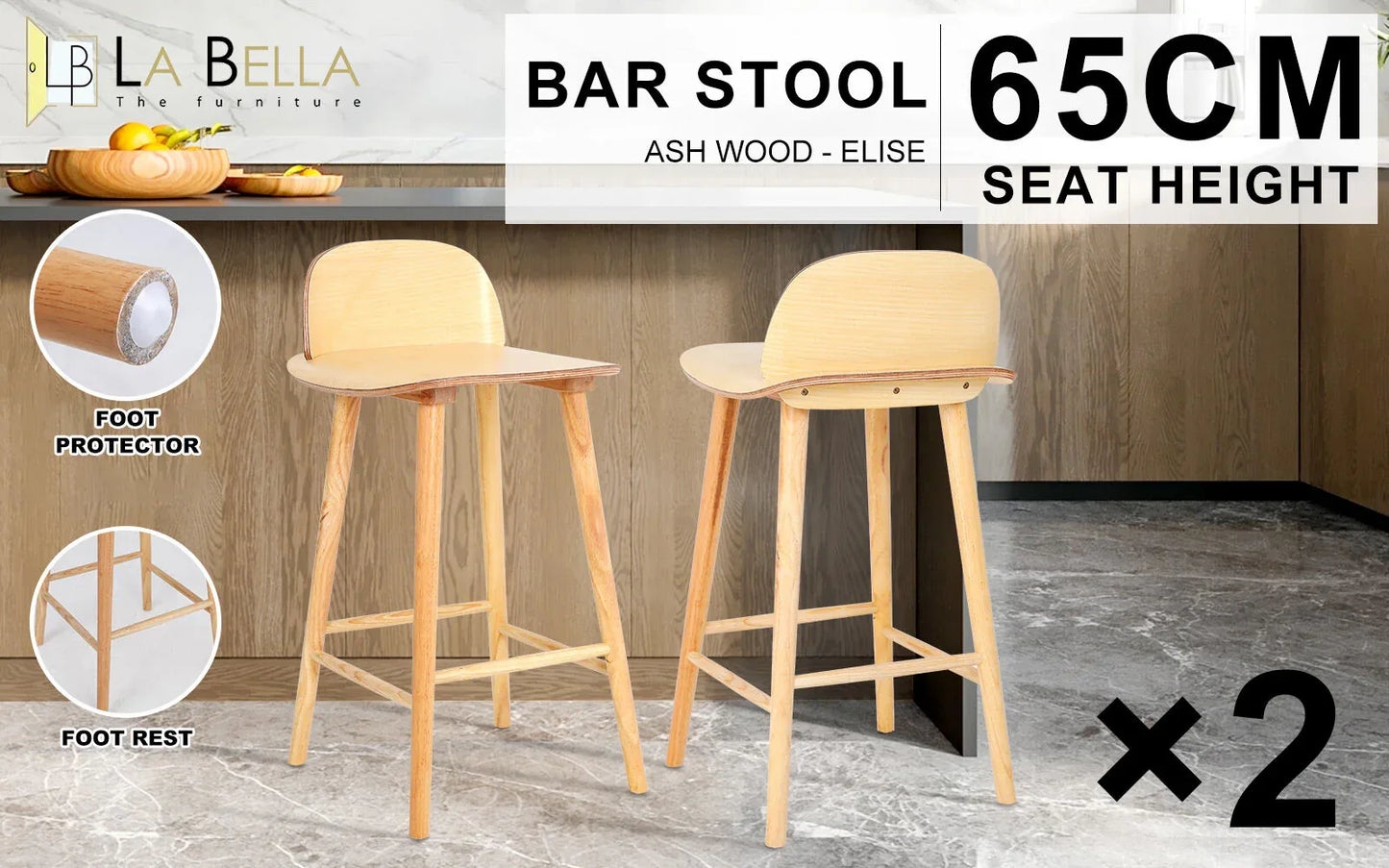 2X Wooden Bar Stool Dining Chair Ash Wood ELISE 65cm - Mekamart Australia