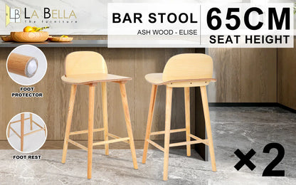 2X Wooden Bar Stool Dining Chair Ash Wood ELISE 65cm - Mekamart Australia