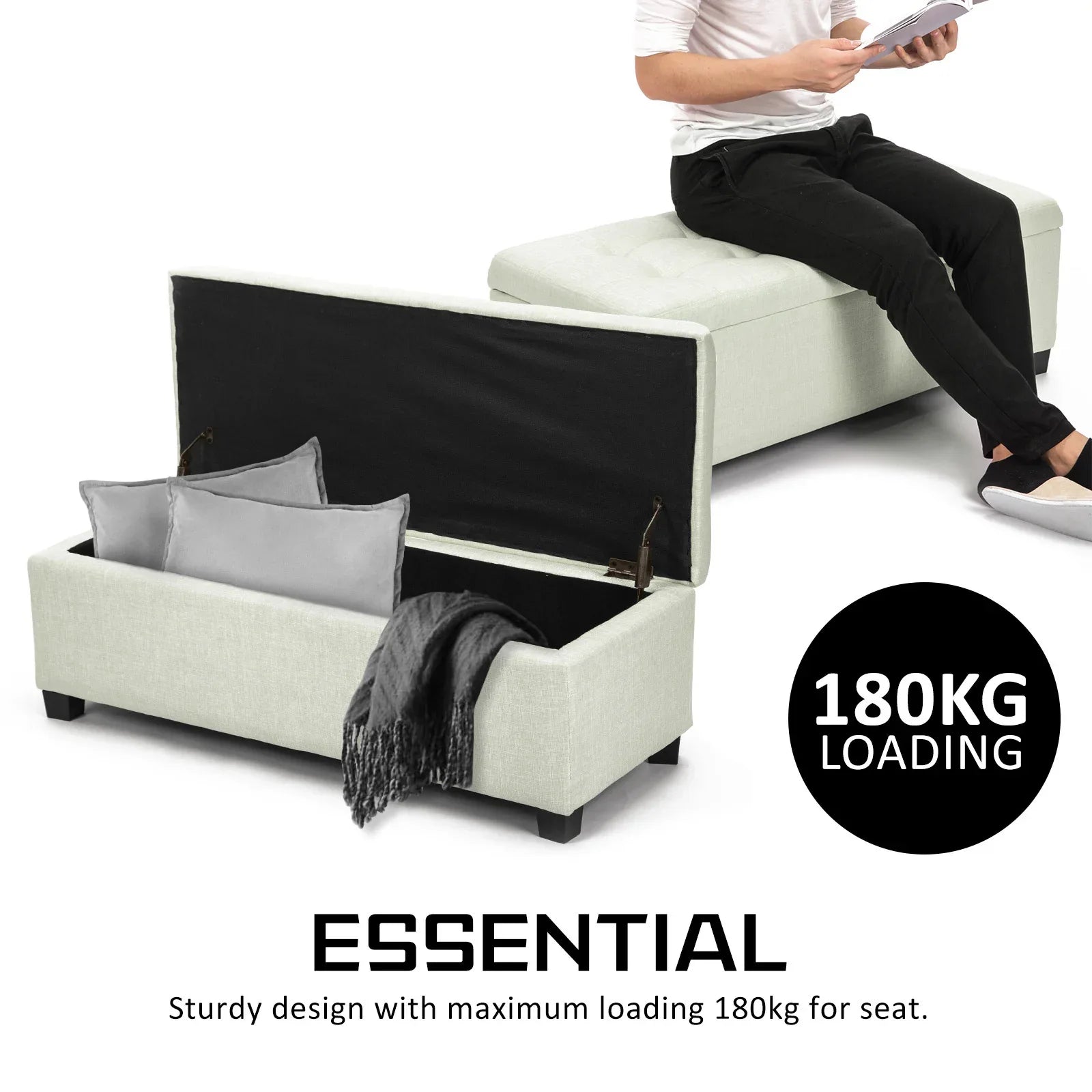 Storage Ottoman Stool 102cm Fabric LIGHT GREEN - Mekamart Australia