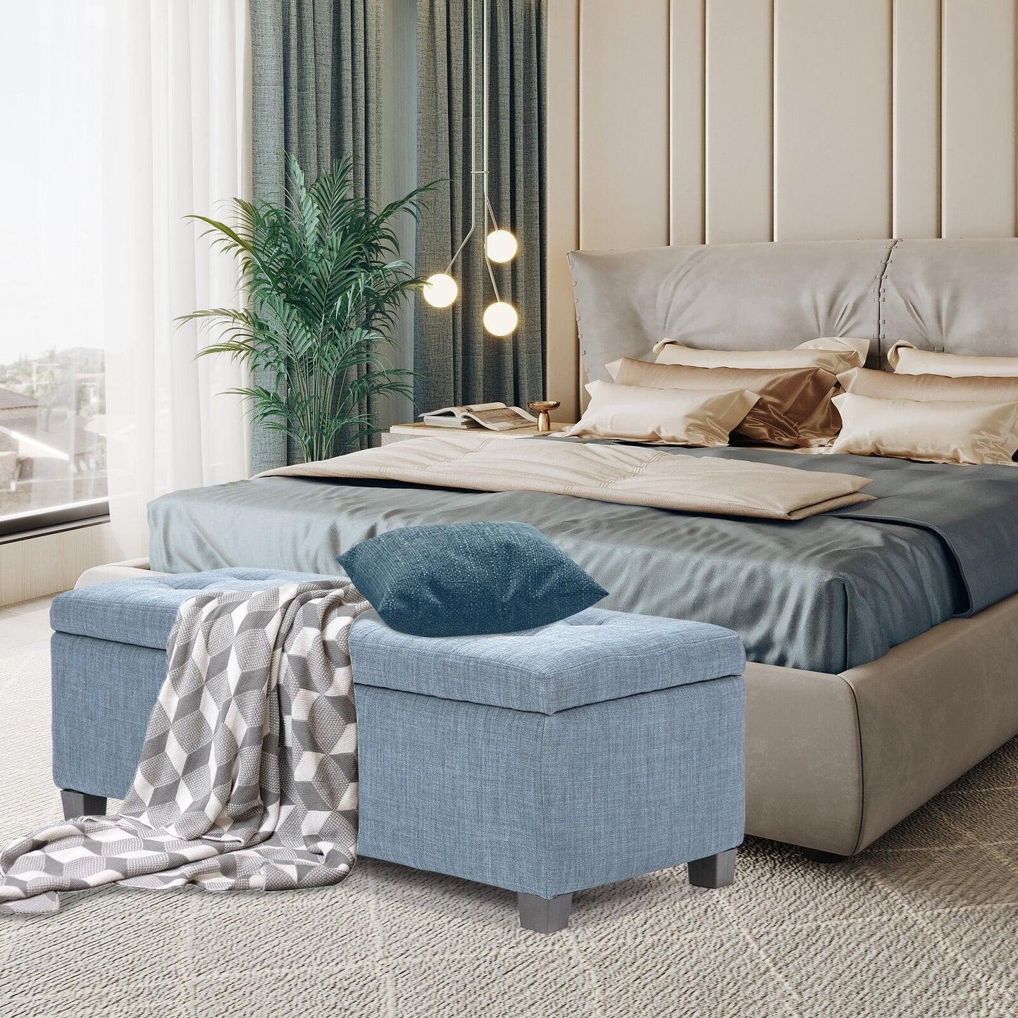 Storage Ottoman Stool 102cm Fabric LIGHT GREY BLUE - Mekamart Australia