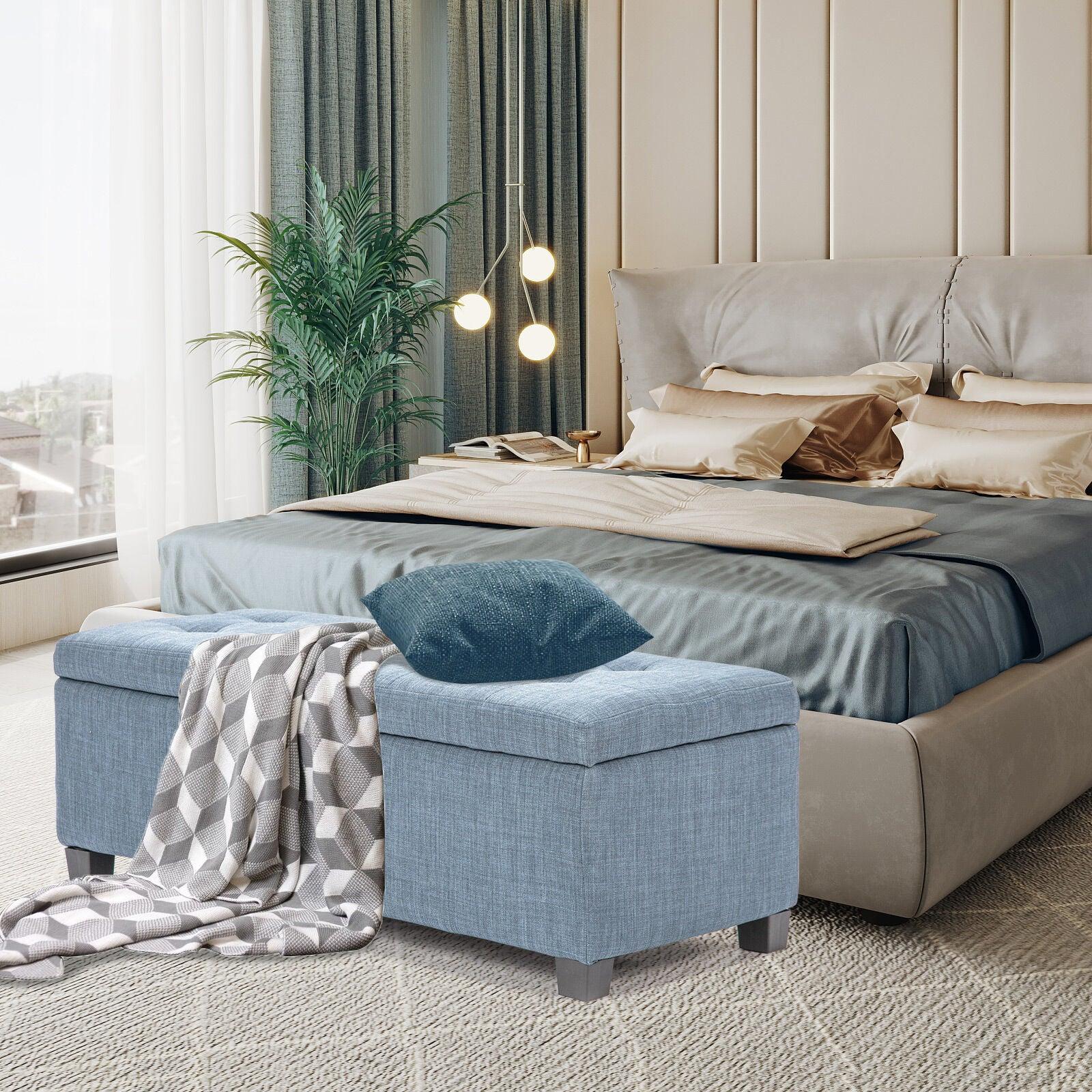 Storage Ottoman Stool 102cm Fabric LIGHT GREY BLUE - Mekamart Australia