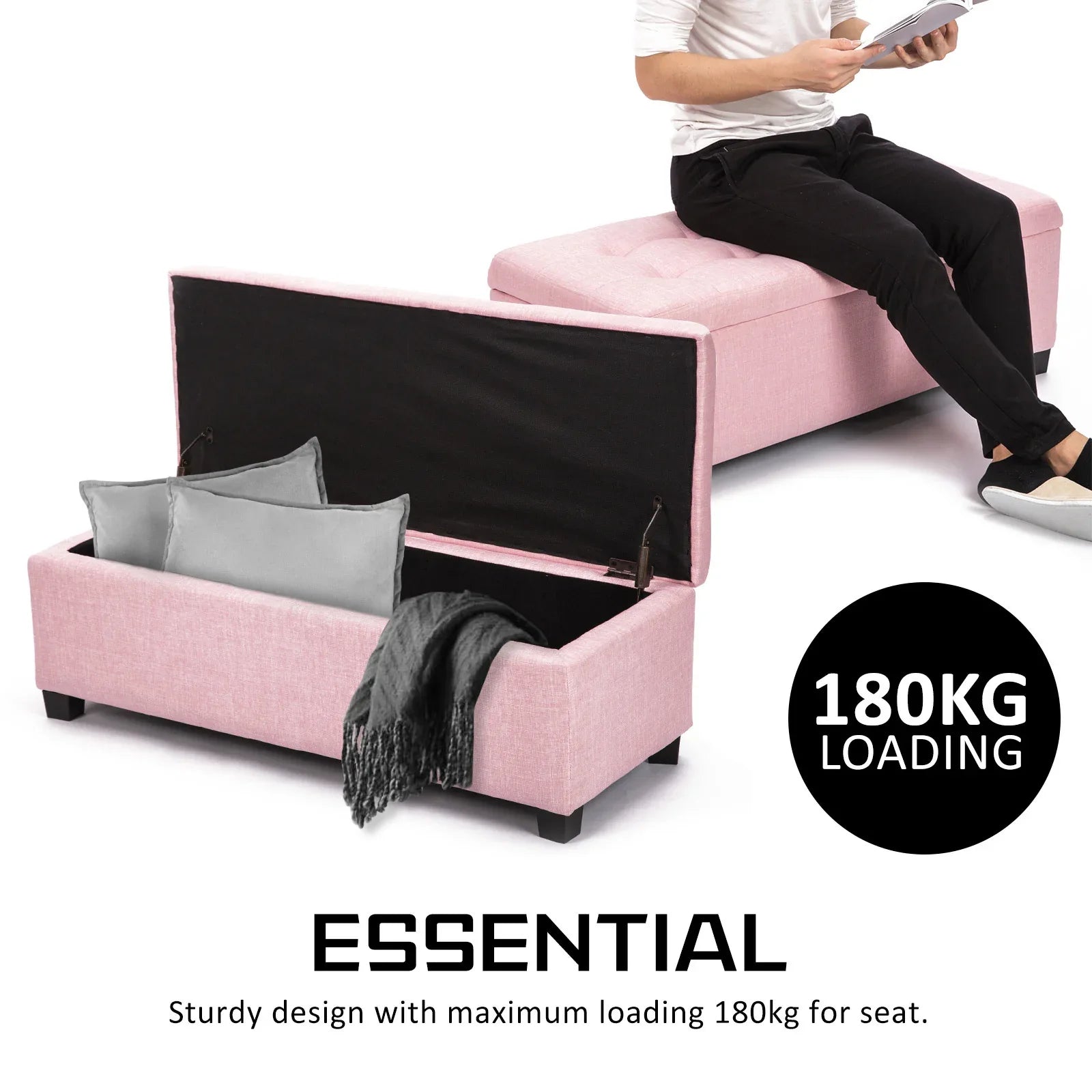 Storage Ottoman Stool 102cm Fabric PINK - Mekamart Australia