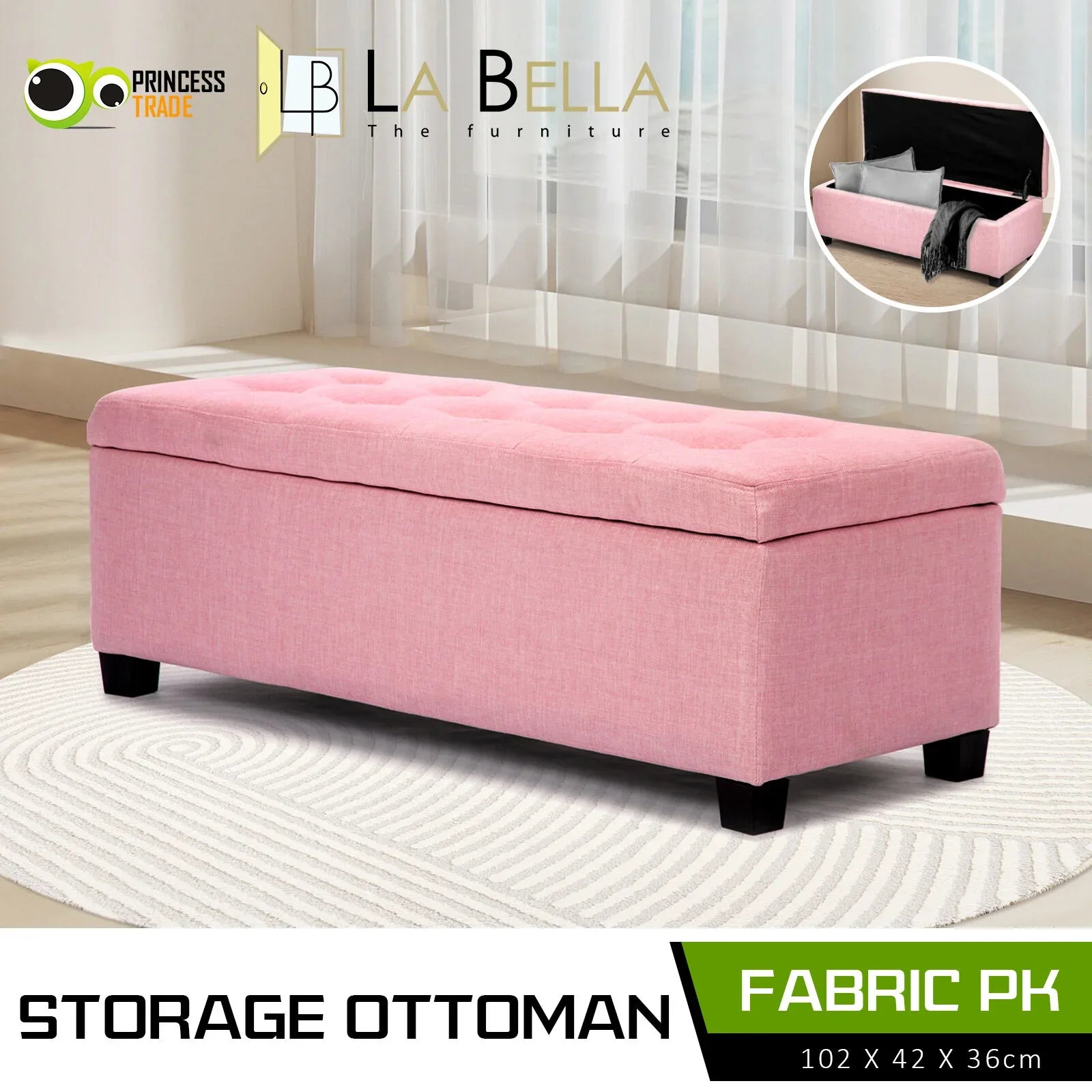 Storage Ottoman Stool 102cm Fabric PINK - Mekamart Australia