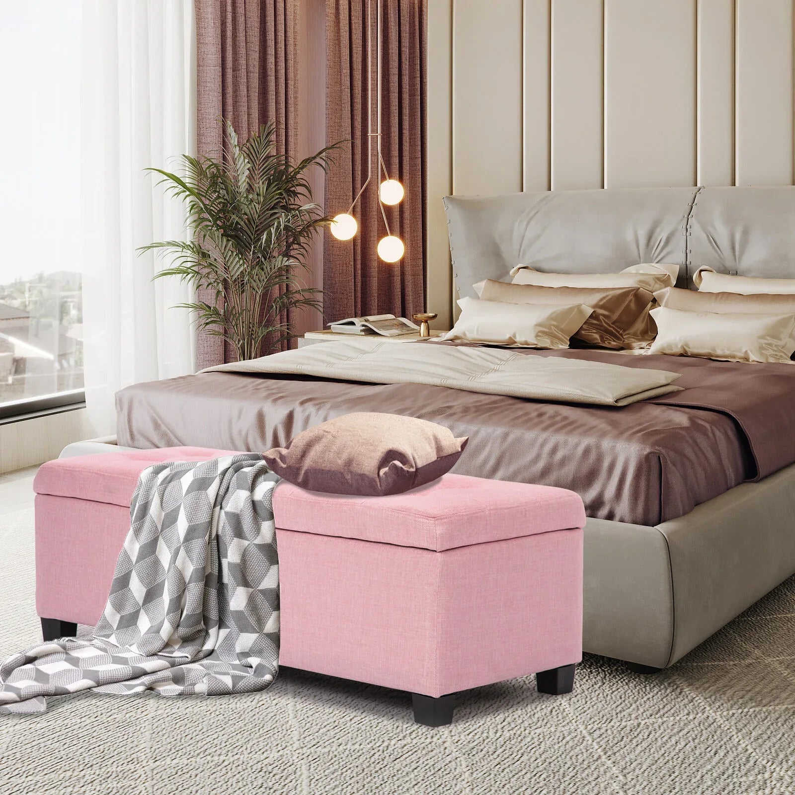Storage Ottoman Stool 102cm Fabric PINK - Mekamart Australia