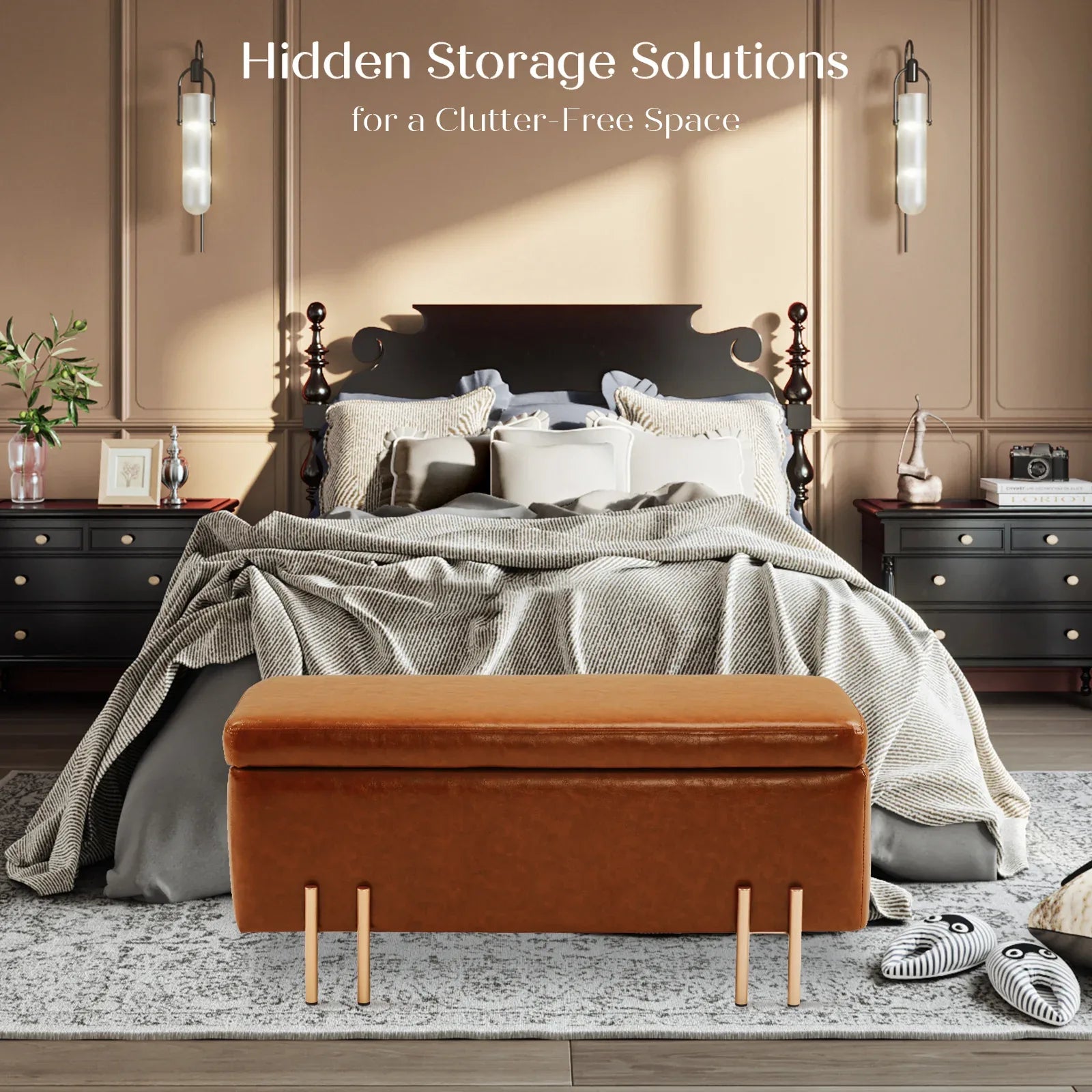 Storage Ottoman Stool Bench Seat 97cm PU Leather BROWN - Mekamart Australia