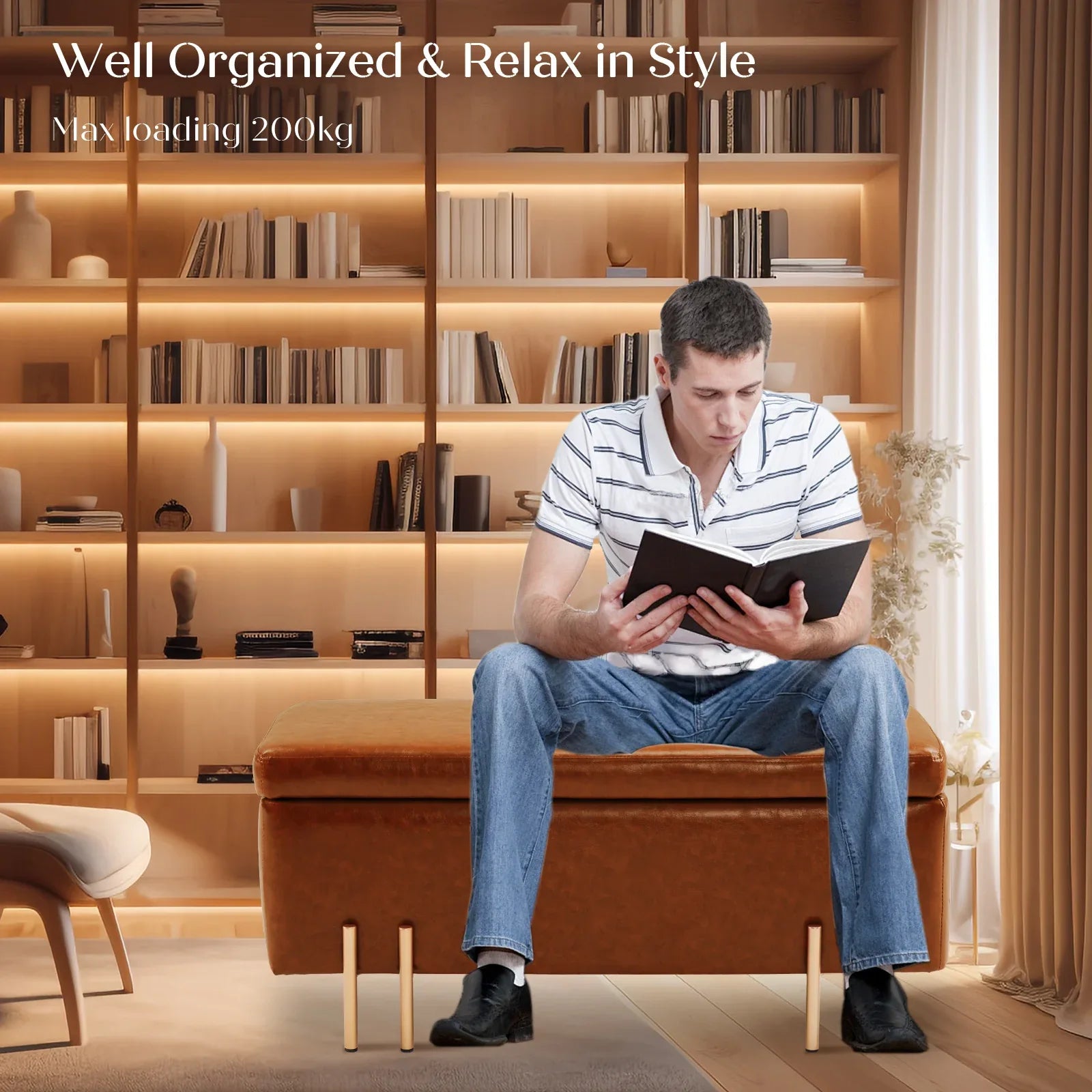 Storage Ottoman Stool Bench Seat 97cm PU Leather BROWN - Mekamart Australia