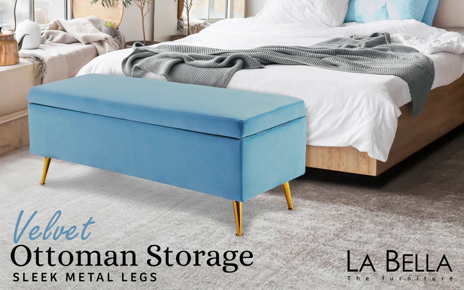 Storage Ottoman Stool Bench Seat 110cm Velvet OCEAN BLUE - Mekamart Australia