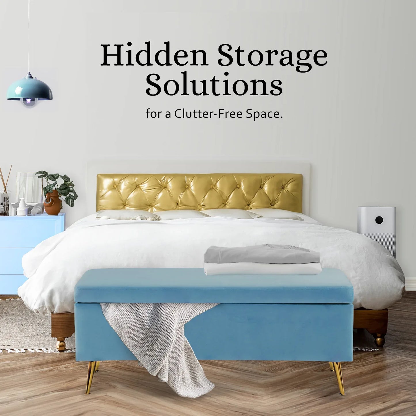 Storage Ottoman Stool Bench Seat 110cm Velvet OCEAN BLUE - Mekamart Australia