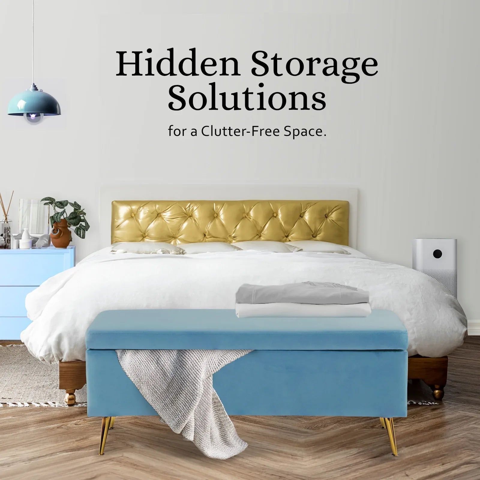 Storage Ottoman Stool Bench Seat 110cm Velvet OCEAN BLUE - Mekamart Australia