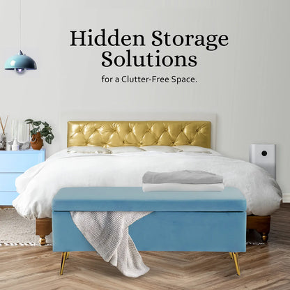 Storage Ottoman Stool Bench Seat 110cm Velvet OCEAN BLUE - Mekamart Australia