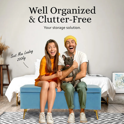 Storage Ottoman Stool Bench Seat 110cm Velvet OCEAN BLUE - Mekamart Australia