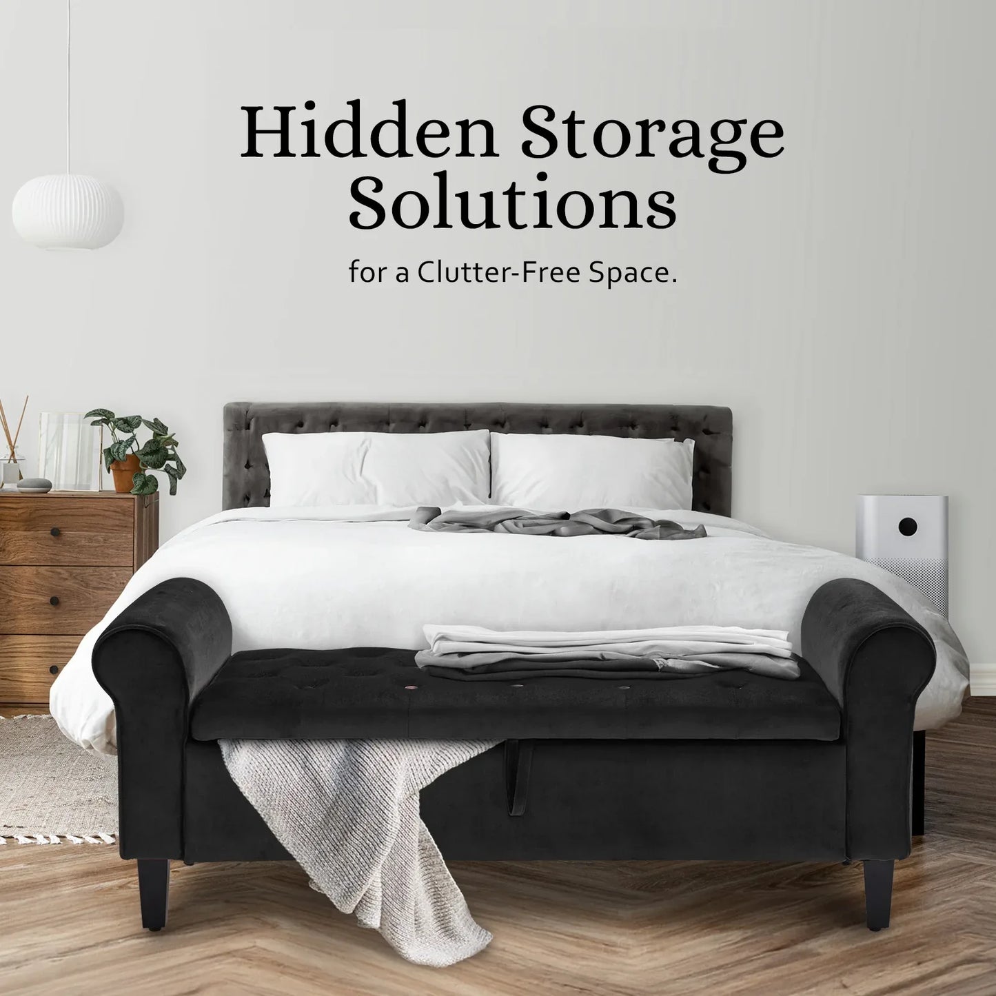 Storage Ottoman Stool Arm Bench Seat 132cm Velvet BLACK - Mekamart Australia