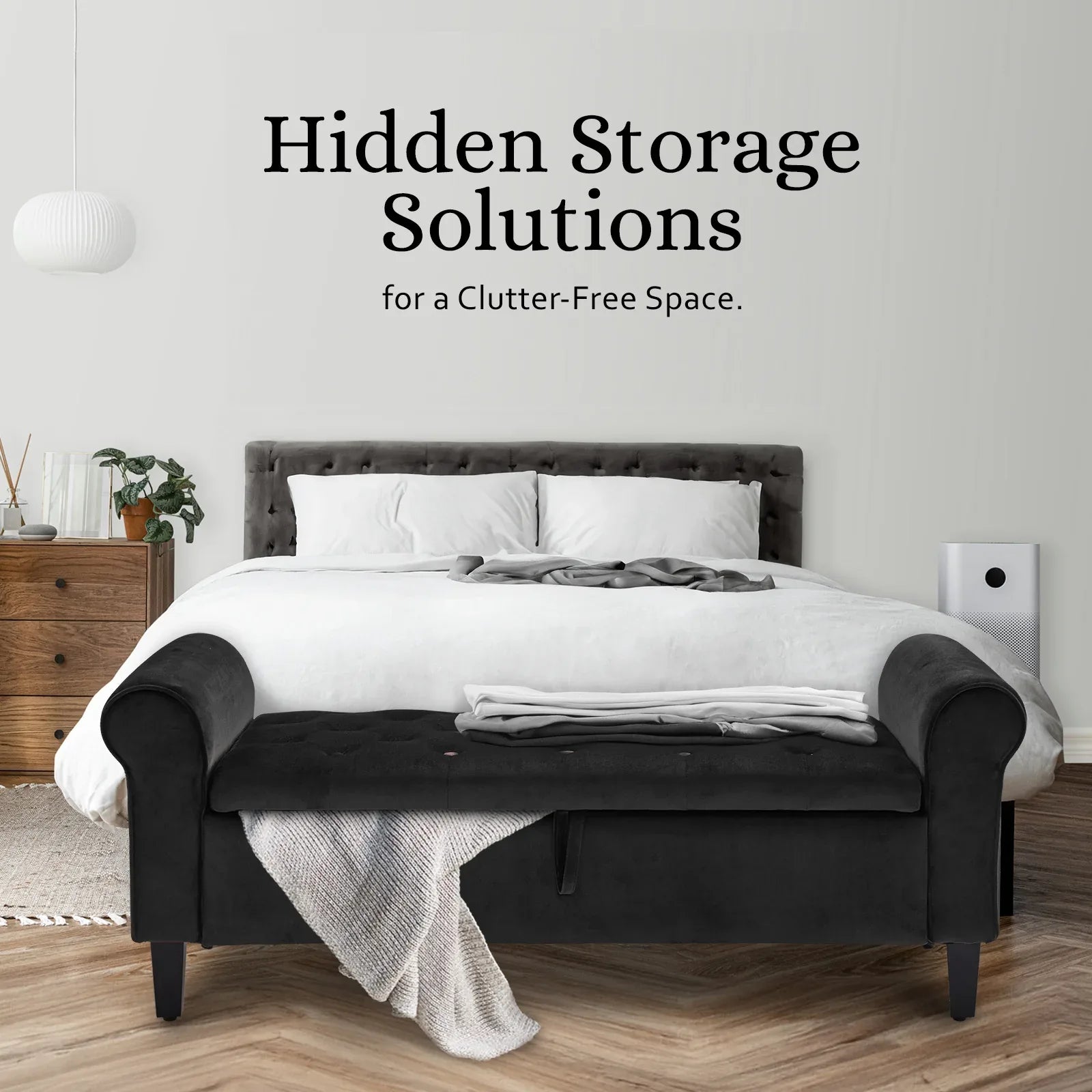 Storage Ottoman Stool Arm Bench Seat 132cm Velvet BLACK - Mekamart Australia