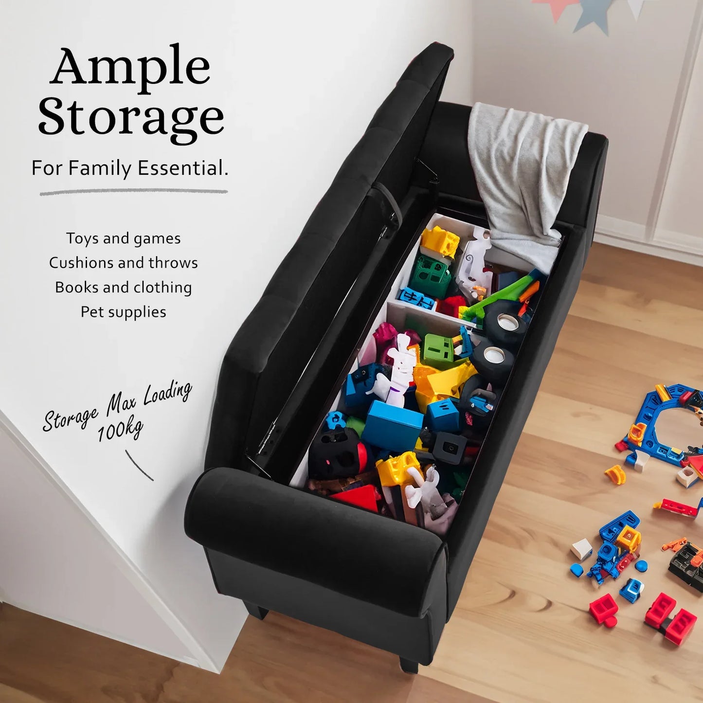 Storage Ottoman Stool Arm Bench Seat 132cm Velvet BLACK - Mekamart Australia