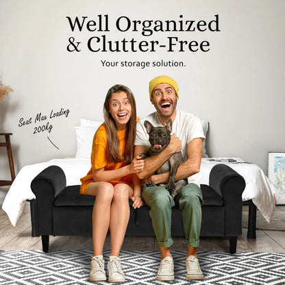 Storage Ottoman Stool Arm Bench Seat 132cm Velvet BLACK - Mekamart Australia