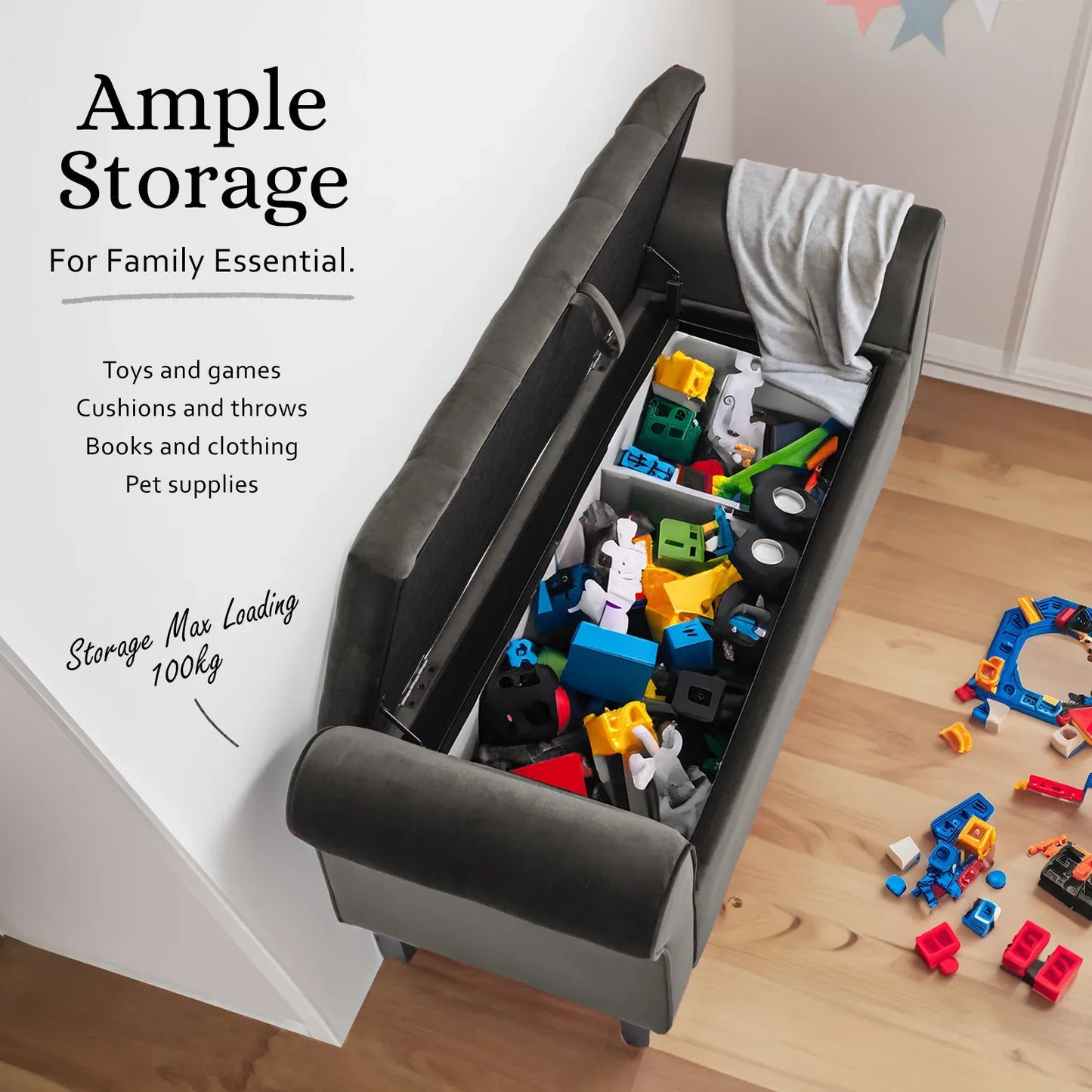 Storage Ottoman Stool Arm Bench Seat 132cm Velvet GREY - Mekamart Australia