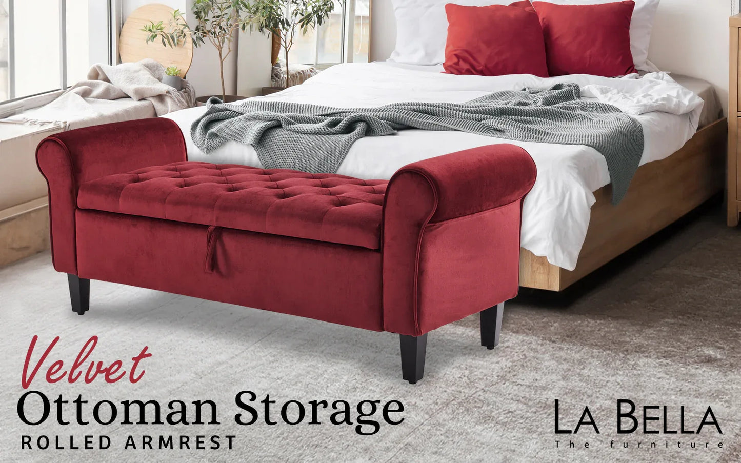 Storage Ottoman Stool Arm Bench Seat 132cm Velvet RED - Mekamart Australia