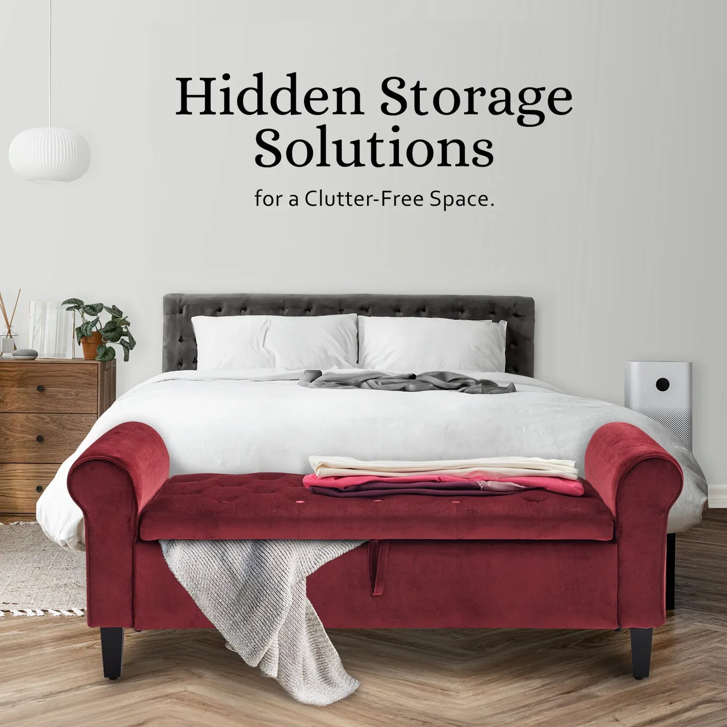 Storage Ottoman Stool Arm Bench Seat 132cm Velvet RED - Mekamart Australia