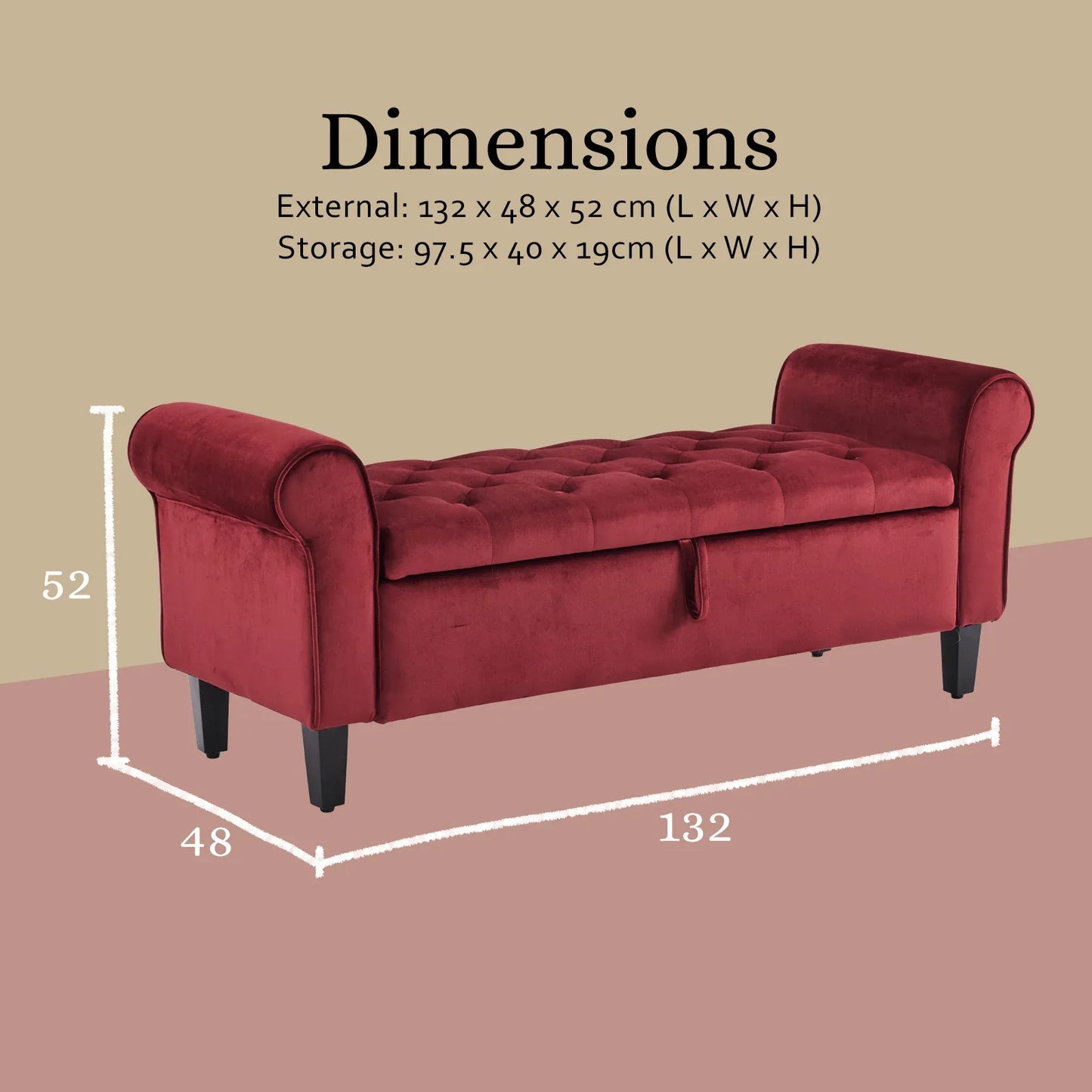 Storage Ottoman Stool Arm Bench Seat 132cm Velvet RED - Mekamart Australia