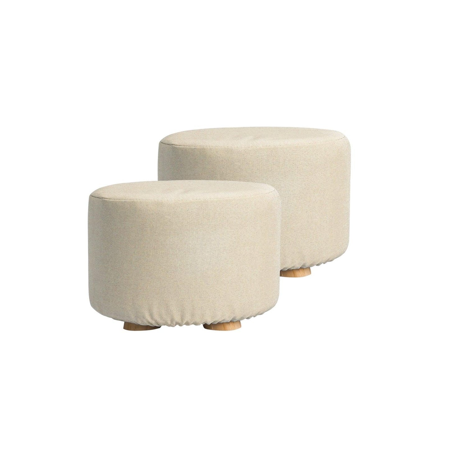 2X Fabric Ottoman Round Wooden Leg Foot Stool - BEIGE - Mekamart Australia