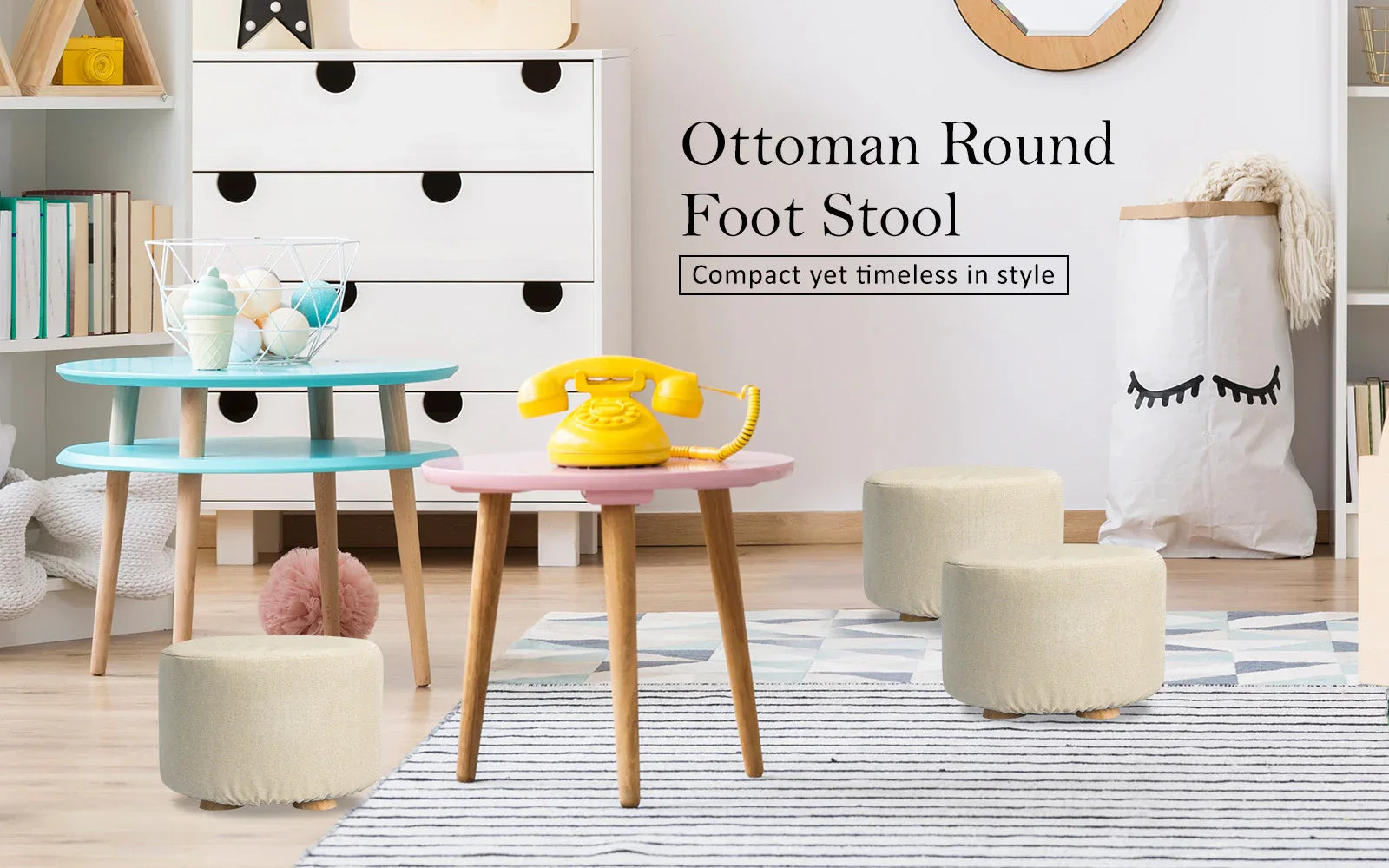 2X Fabric Ottoman Round Wooden Leg Foot Stool - BEIGE - Mekamart Australia