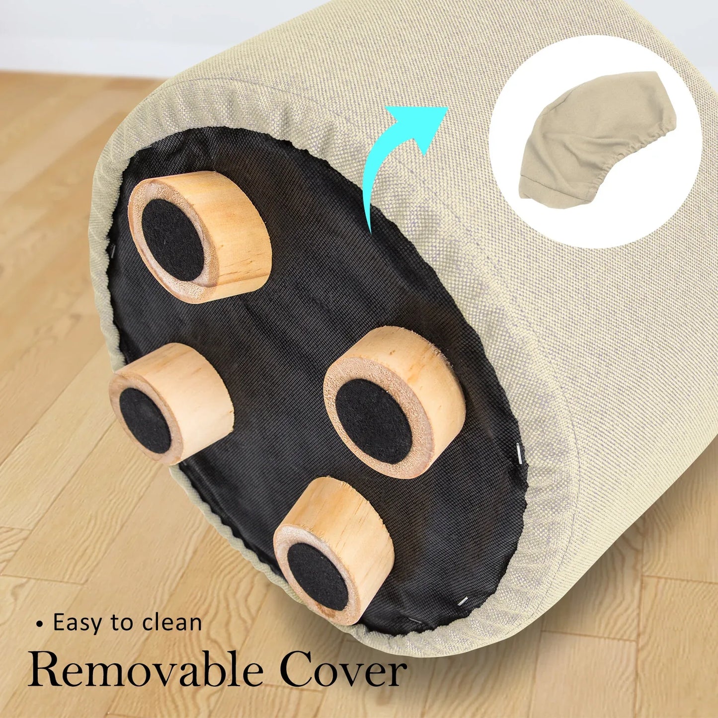 2X Fabric Ottoman Round Wooden Leg Foot Stool - BEIGE - Mekamart Australia