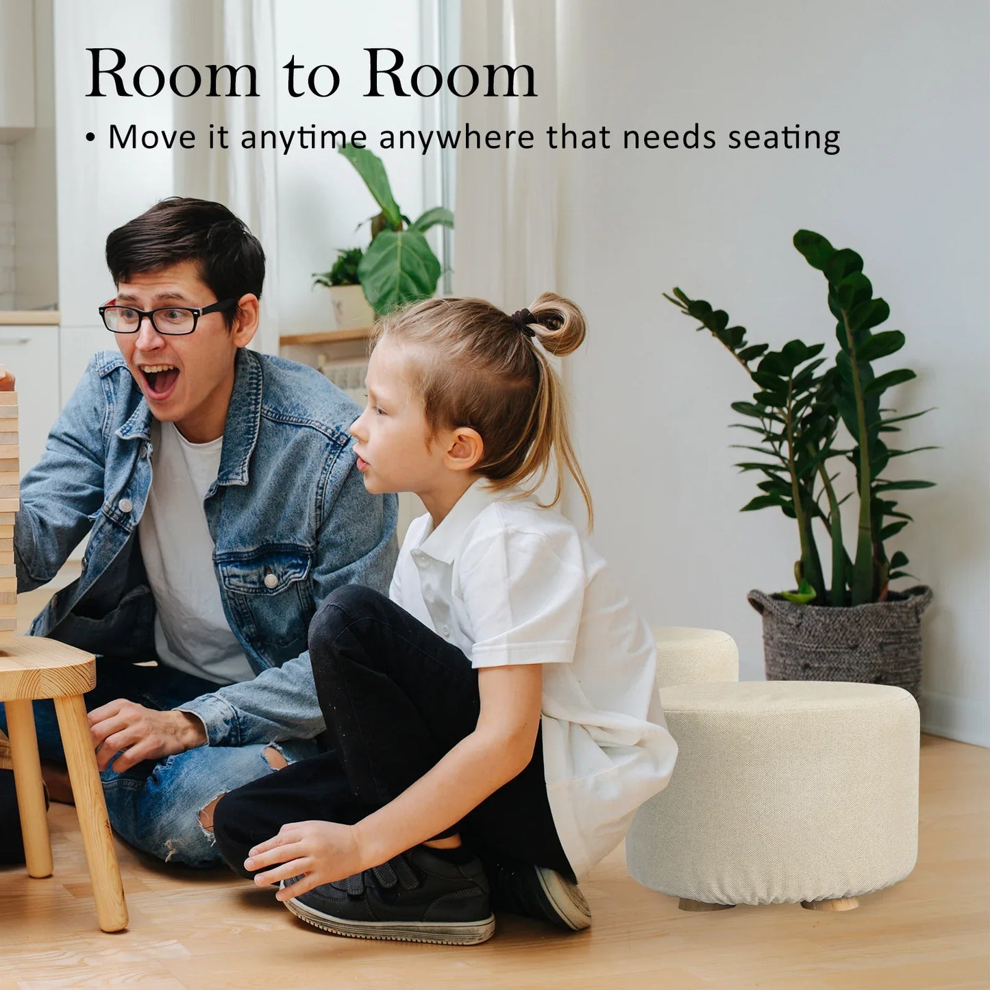 2X Fabric Ottoman Round Wooden Leg Foot Stool - BEIGE - Mekamart Australia