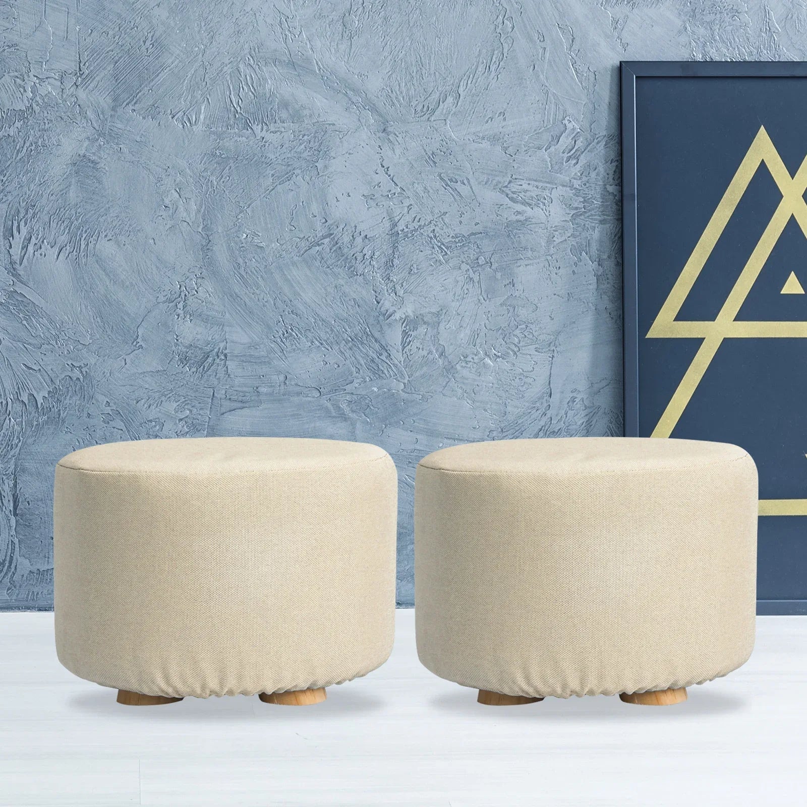 2X Fabric Ottoman Round Wooden Leg Foot Stool - BEIGE - Mekamart Australia
