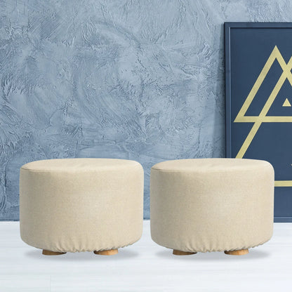 2X Fabric Ottoman Round Wooden Leg Foot Stool - BEIGE - Mekamart Australia