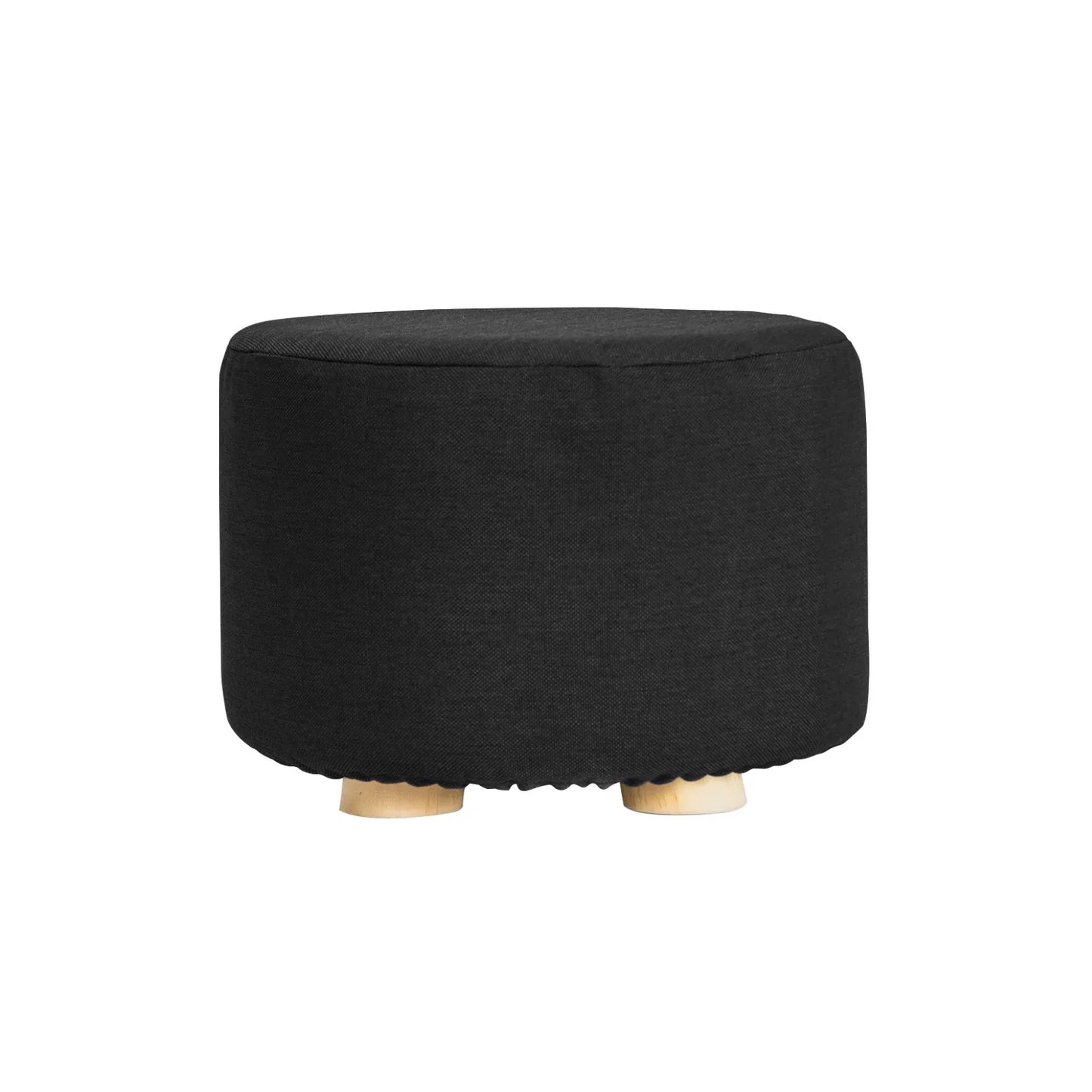 Fabric Ottoman Round Wooden Leg Foot Stool - BLACK - Mekamart Australia