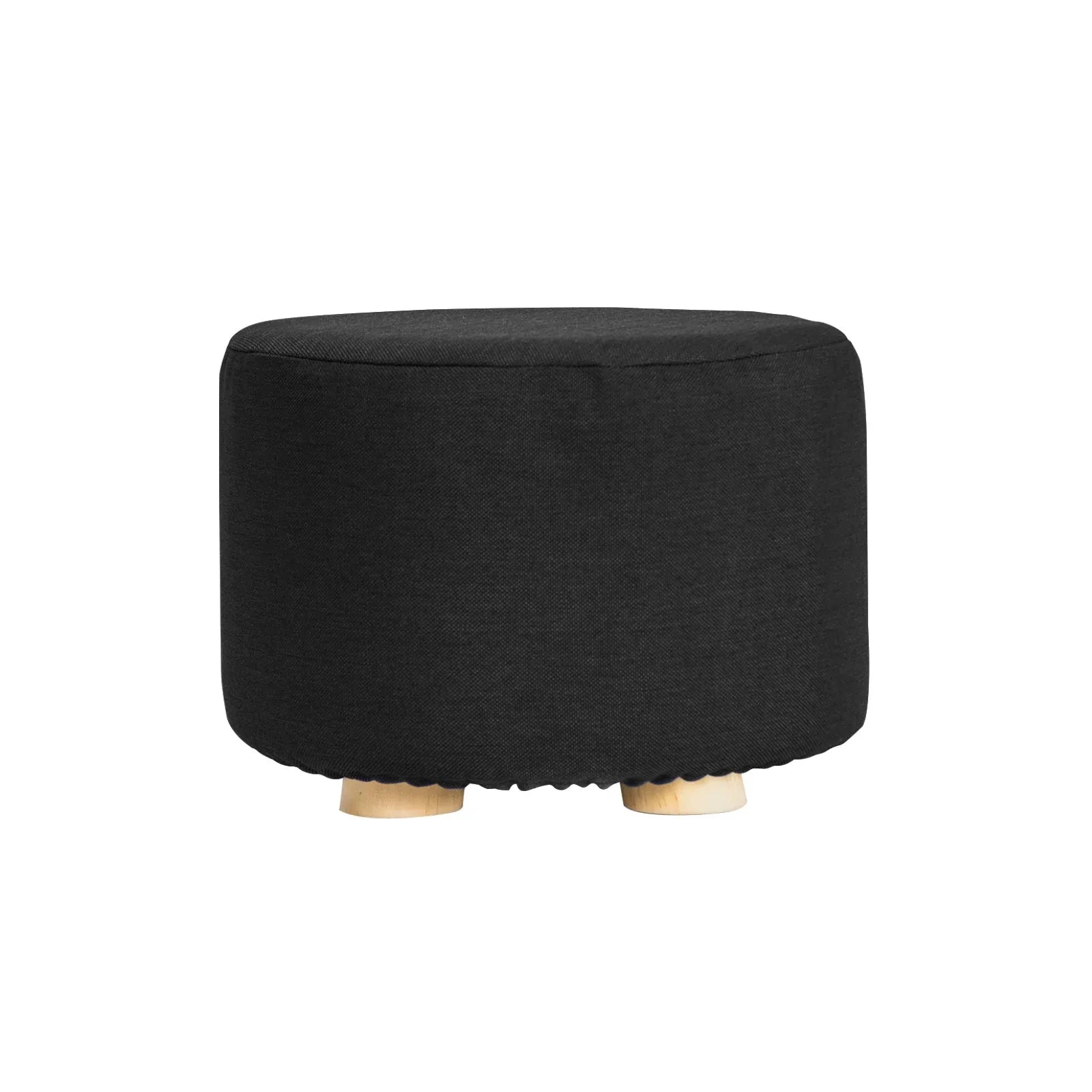 Fabric Ottoman Round Wooden Leg Foot Stool - BLACK - Mekamart Australia