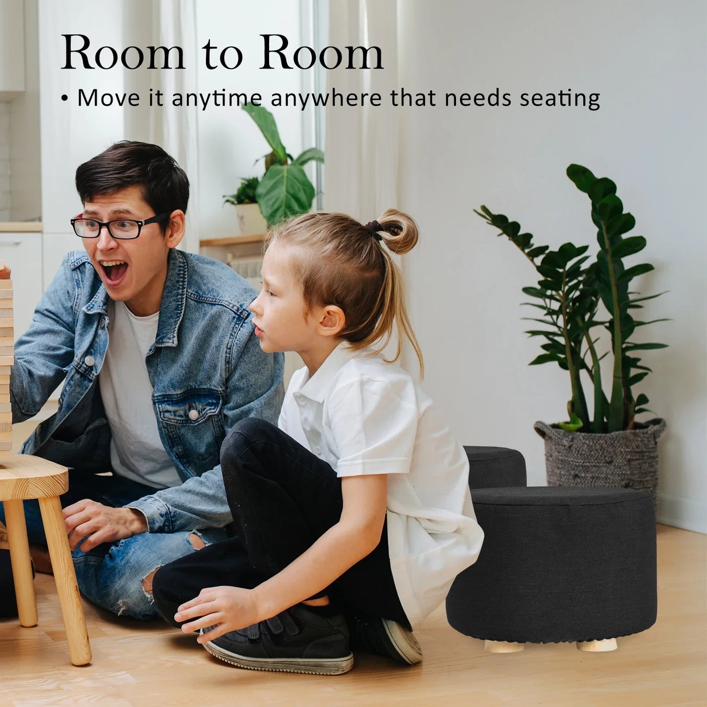 Fabric Ottoman Round Wooden Leg Foot Stool - BLACK - Mekamart Australia