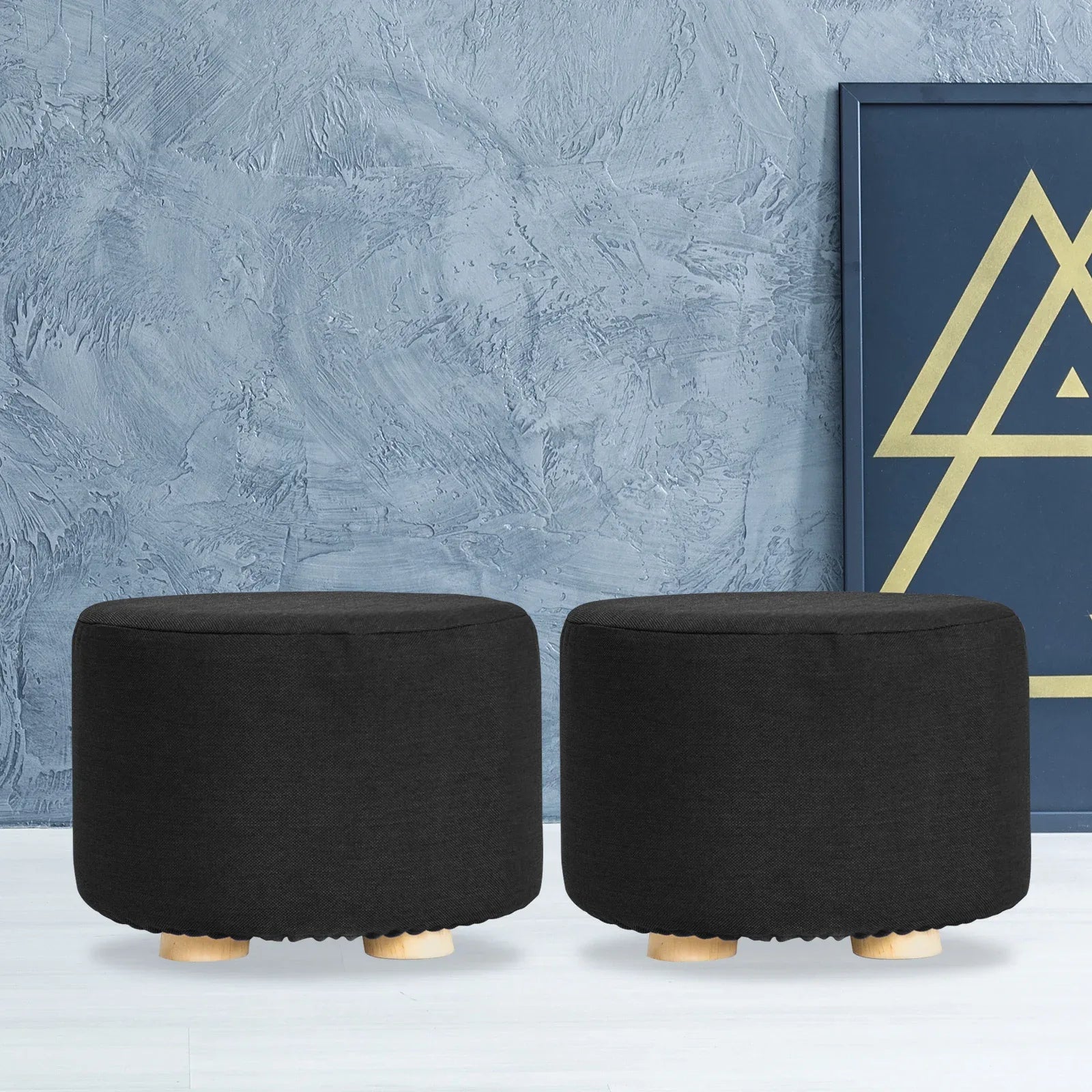 2X Fabric Ottoman Round Wooden Leg Foot Stool - BLACK - Mekamart Australia