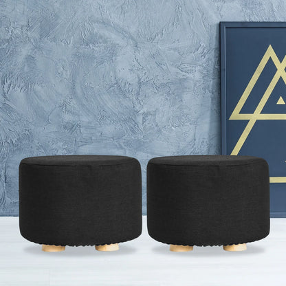 2X Fabric Ottoman Round Wooden Leg Foot Stool - BLACK - Mekamart Australia