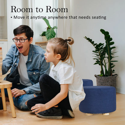 Fabric Ottoman Round Wooden Leg Foot Stool - DARK BLUE - Mekamart Australia